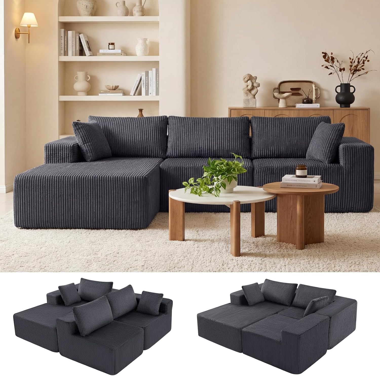 DUMOS 108" Boneless Couch, Cloud Sectional Couch with L-Shape Chaise, Modular Sectional Sofa with Deep Seat, Upholstered Couch for Living Room Bedroom, No Assembly Required (Grey, Left Facing Chaise) wourant