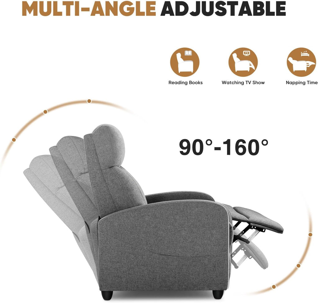 DUMOS Recliner Chair for Adults, Massage Reclining Chair for Living Room, Adjustable Home Theater Seating Single Sofa with Padded Seat Backrest and Footrest, Linen, Grey wourant