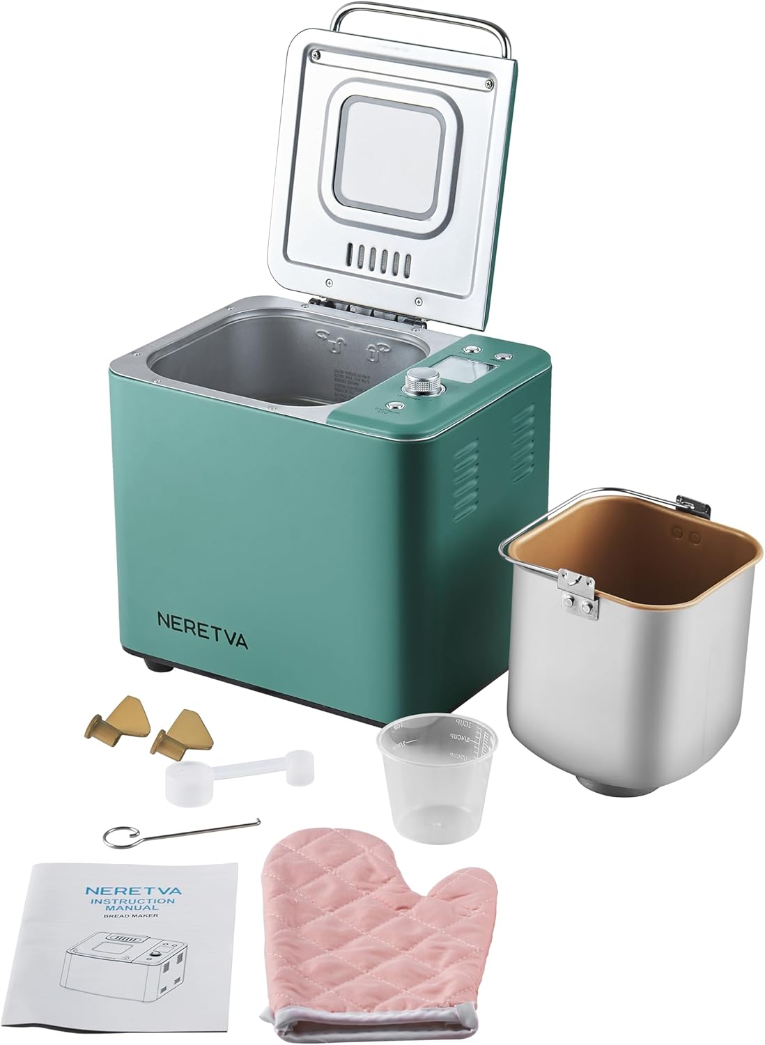 Neretva Bread Maker, 20-IN-1 2LB Bread Machine Dual Heater Bread Maker Machine Automatic with Nonstick Ceramic Pan, 15H Timer & 1H Keep Warm Set, Low Noise, Stainless Steel Breadmaker Recipe-Green wourant