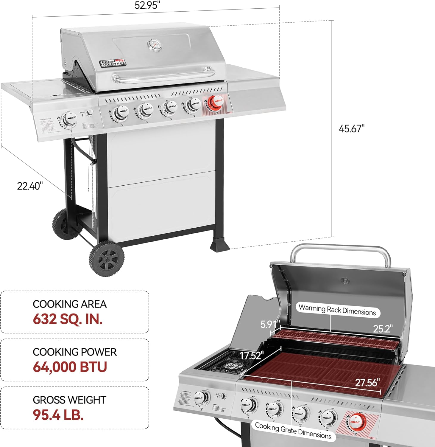 Royal Gourmet GA5401T 5-Burner Propane Gas Grill with Sear Burner and Side Burner, Stainless Steel BBQ Grill with 632 Sq. In. Grilling Area for Outdoor Barbecue Cooking, 64,000 BTUs, Silver wourant