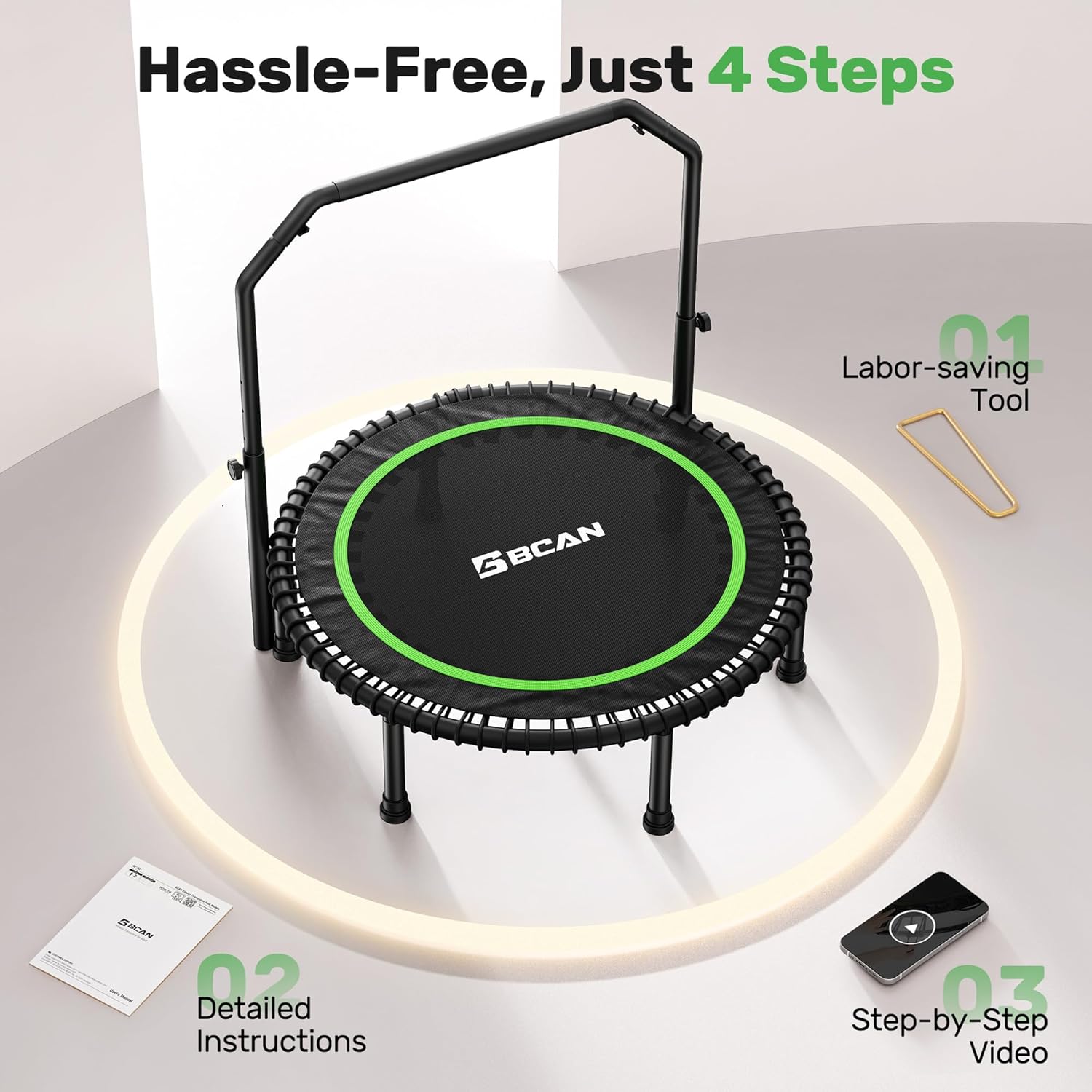 BCAN 450/550 LBS Foldable Mini Trampoline, 40"/48" Fitness Trampoline with Bungees, U Shape Adjustable Foam Handle, Stable & Quiet Exercise Rebounder for Adults Indoor/Outdoor Workout wourant