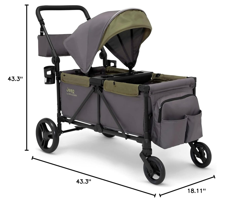 Jeep Sport All-Terrain Stroller Wagon by Delta Children - Includes Canopy, Parent Organizer, Adjustable Handlebar, Snack Tray & Cup Holders, Grey/Olive Green wourant