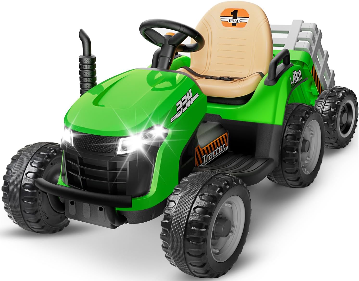 24V Ride On Tractor w/Tiltable & Detachable Trailer, 2x65W Motors, EVA Tires, Remote Control, Bluetooth, Shifter, Music, Electric Car for Kids, Green wourant