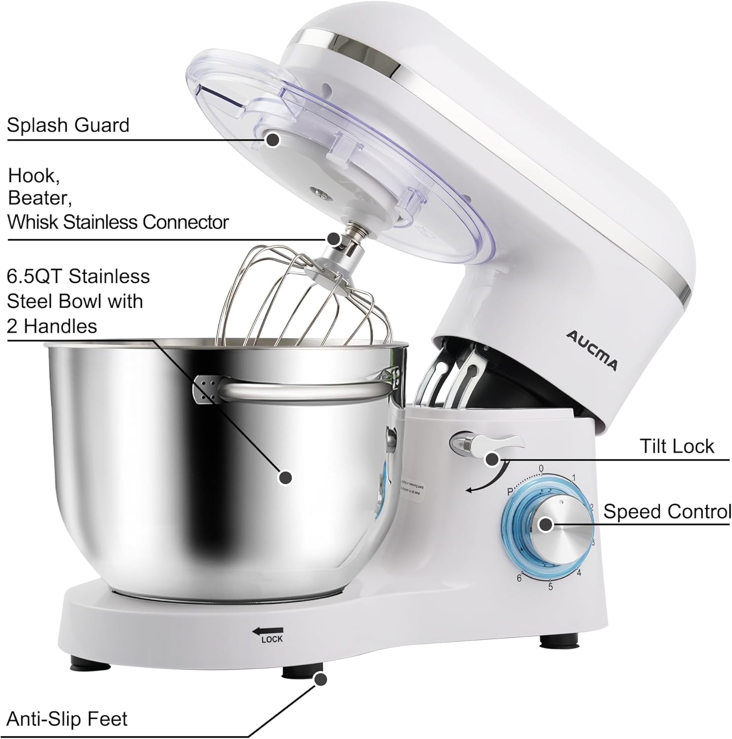 Aucma Stand Mixer,6.5-QT 660W 6-Speed Tilt-Head Food Mixer, Kitchen Electric Mixer with Dough Hook wourant