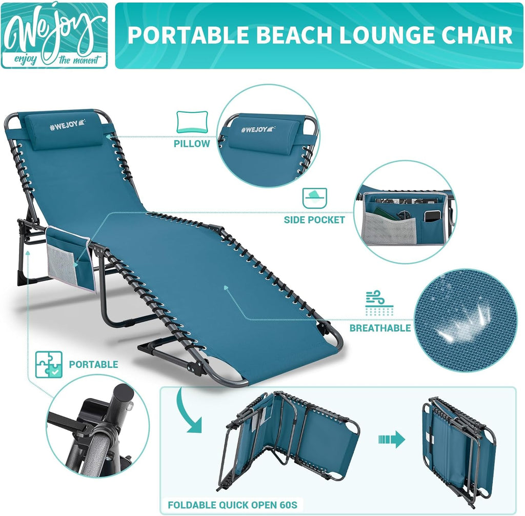 2 Pack Outdoor Chaise Lounge Chair - Portable Folding Patio Pool Lounge Chair, 5 Positions Adjustable Reclining Camping Chair with Side Table,Shoulder Strap, Pillow for Beach Sunbathing Lawn wourant