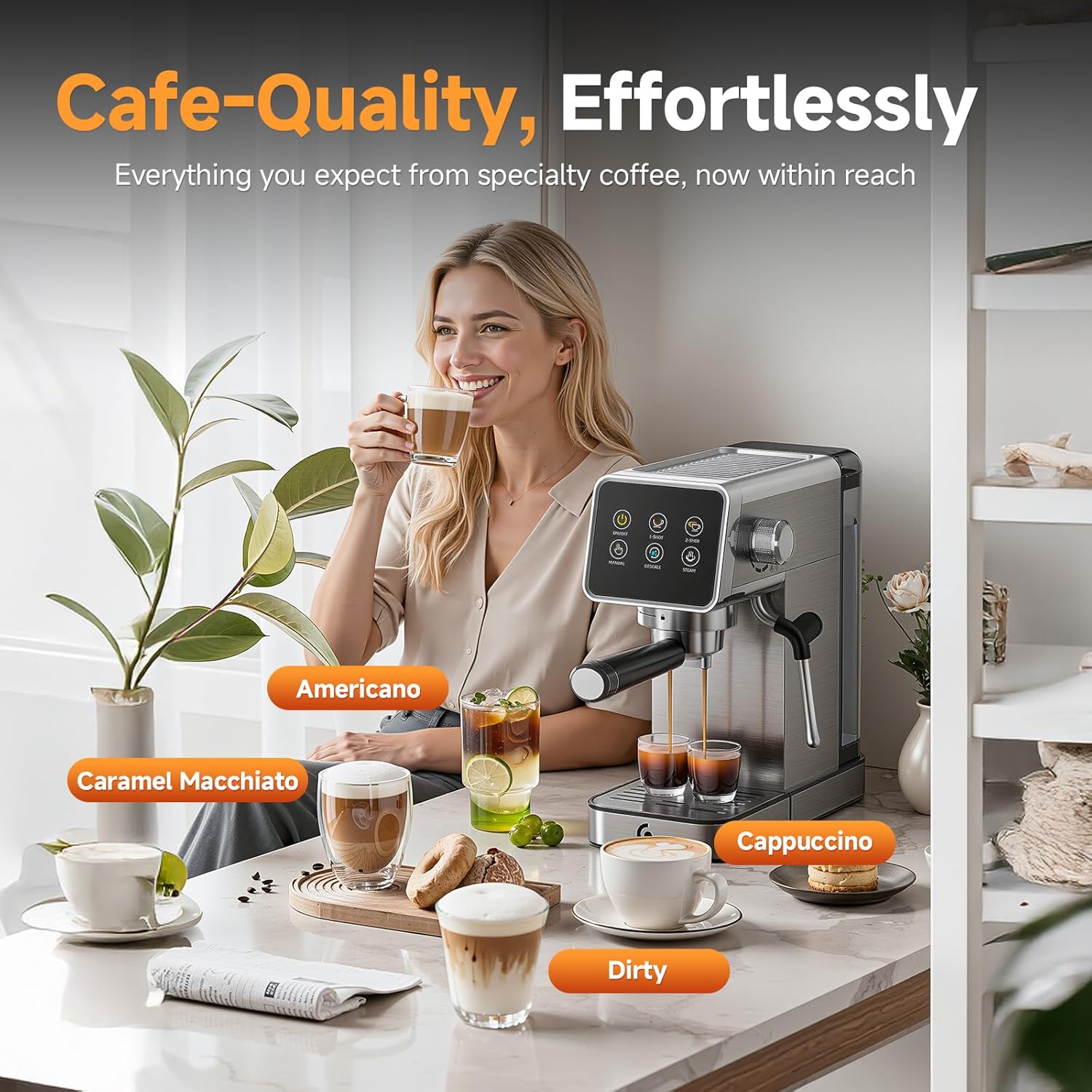 20 Bar Espresso Coffee Machine with LED Touch Screen, Espresso Maker with Self-Cleaning Function & Milk Frother, Compact Cappuccino & Latte Maker for Home and Office woonhhop