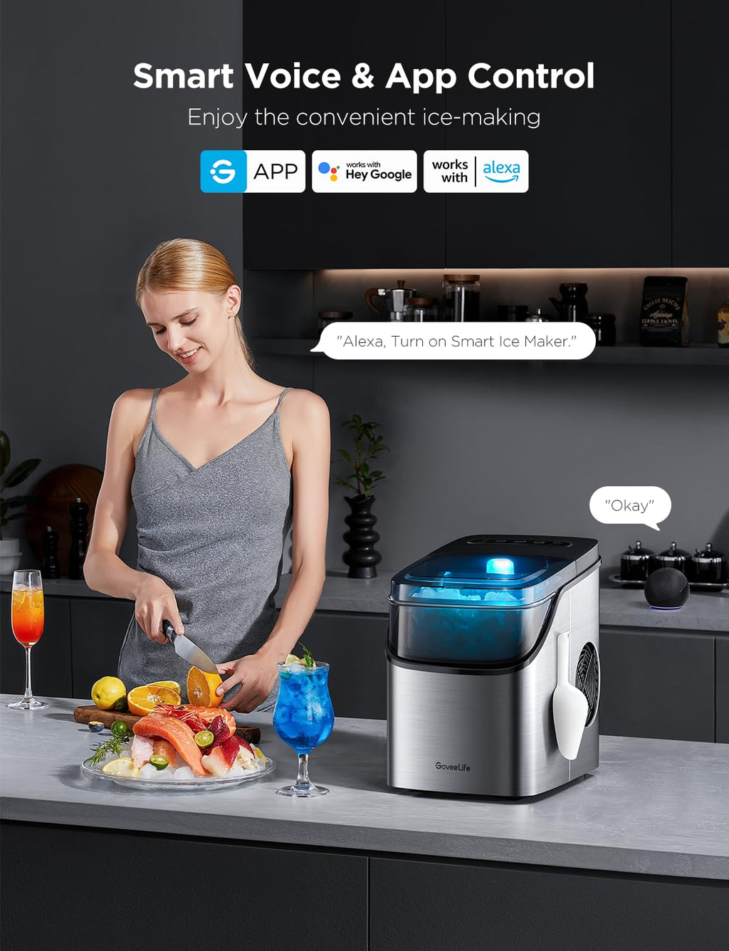 GoveeLife Smart Ice Maker Countertop, Portable Ice Machine with Voice Control, 9 Ice Cubes in 6 Minutes 3 Sizes, 26lbs/24Hrs, Self Cleaning RGB Lights, Quiet Ice Maker with Scoop for Kitchen Silver wourant