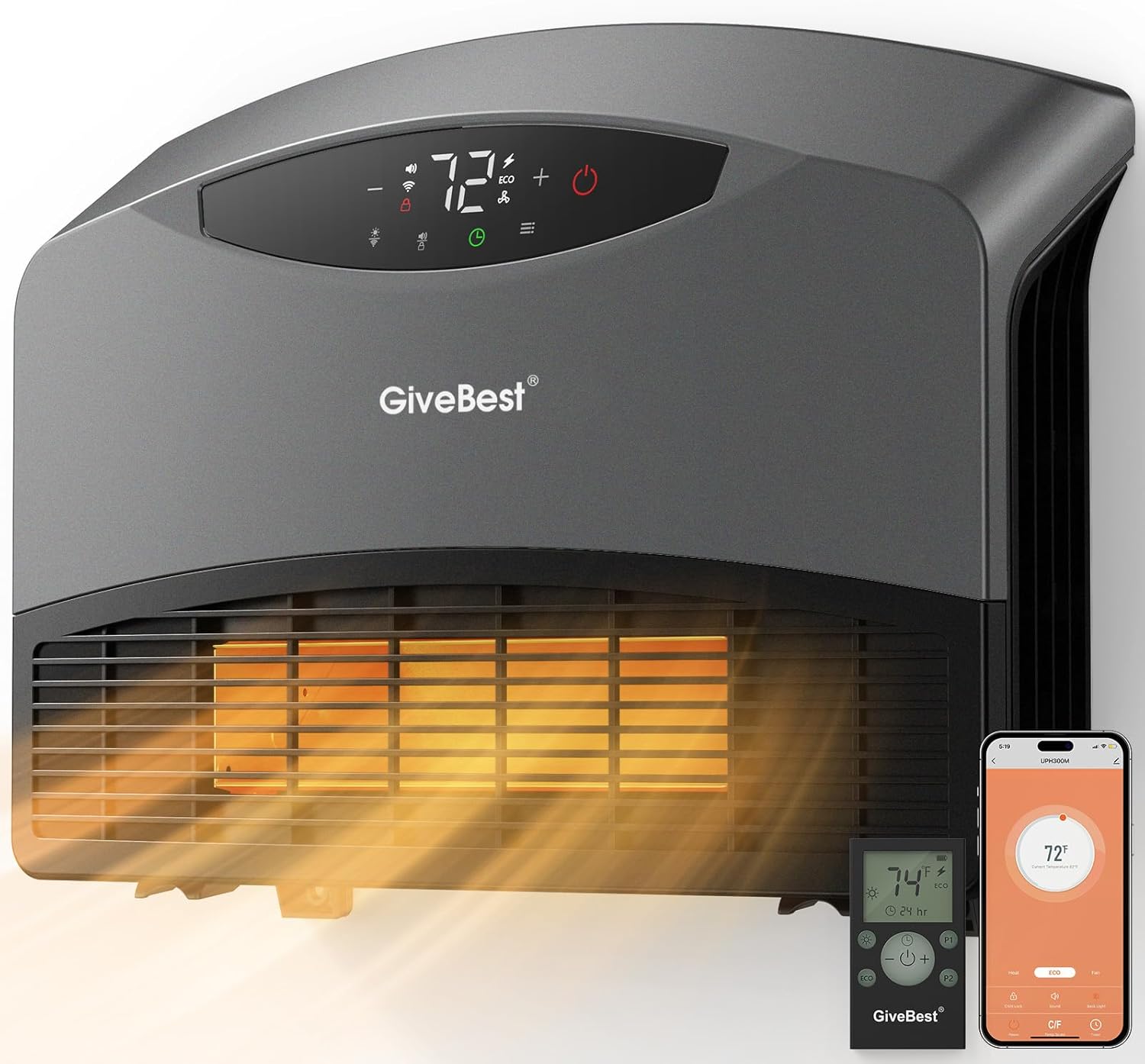 GiveBest Electric Wall Heater with WiFi and Remote Control, Floor or Wall Mounted Heater, Large Room Coverage, 3 Heating Modes, 1500W Fast Heating Space with Thermostat for Indoor Room Use wourant