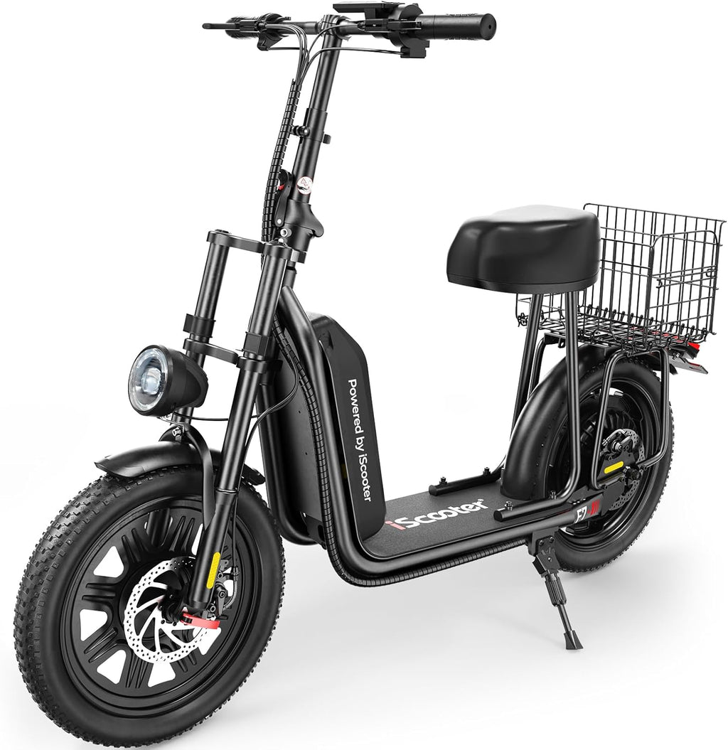 iScooter electric scooter with seat, 37/21 mile range, 28/19/15.6 mph top speed, dual suspension scooter with basket wourant