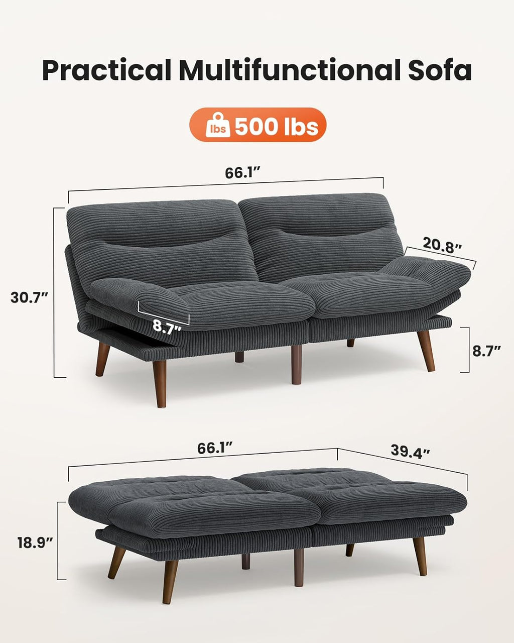 Convertible Futon Sofa Bed, 66 Inch Corduroy Futon Sofa Recliner Sofa Bed for Small Spaces, Playrooms or Offices wourant