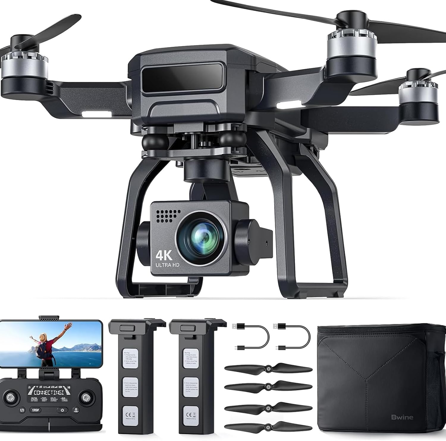 Adult-specific camera drone with 4K UHD aerial photography, 3-axis gimbal, 10,000-foot control, 3 batteries for 75 minutes of flight time, and GPS tracking wourant