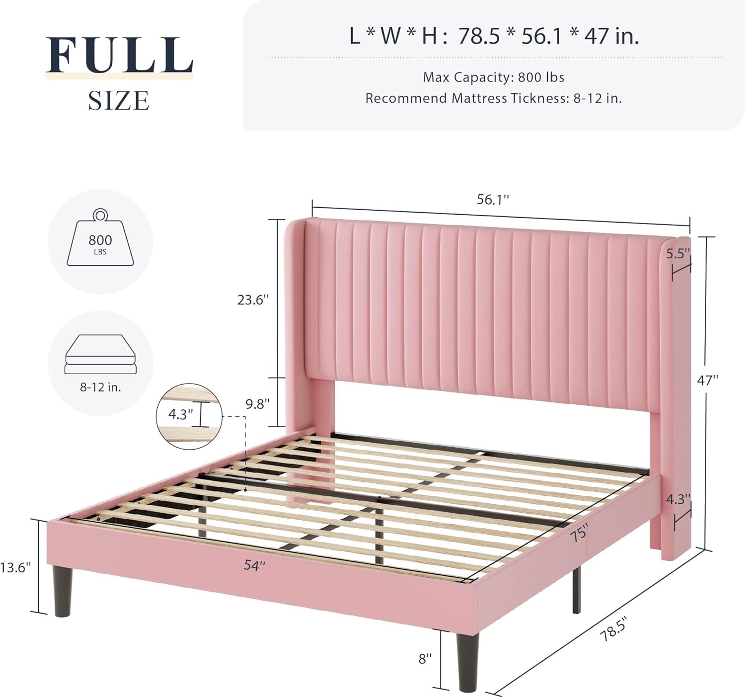 Allewie Full Size Velvet Bed Frame Vertical Channel Tufted Wingback Headboard Upholstered Bed wourant