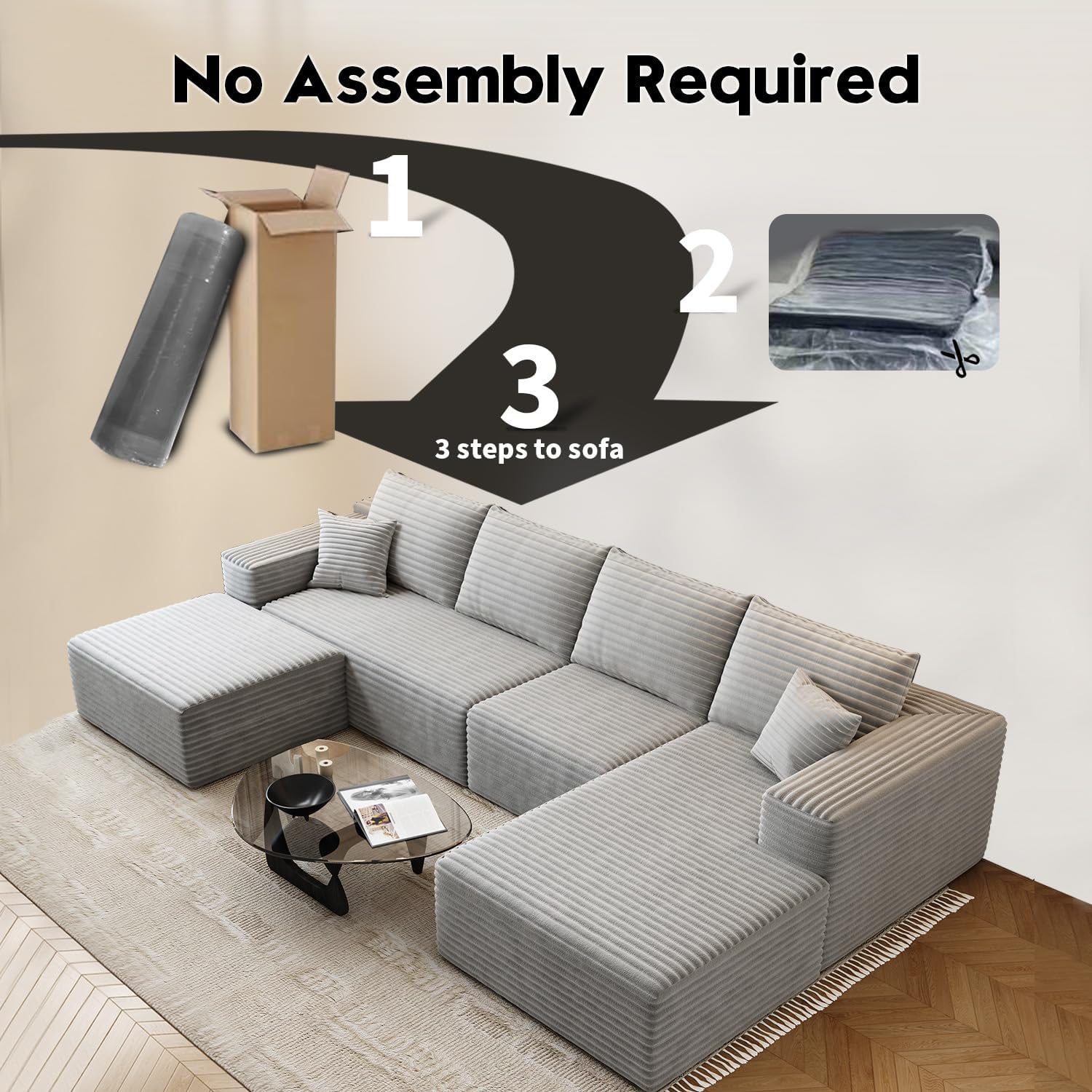107.5 inch Cloud Modular Sectional Sofa with L-Shaped Chaise Lounge, Modern Minimalist Upholstered Sofa Deep Seating Corner Sofa wourant