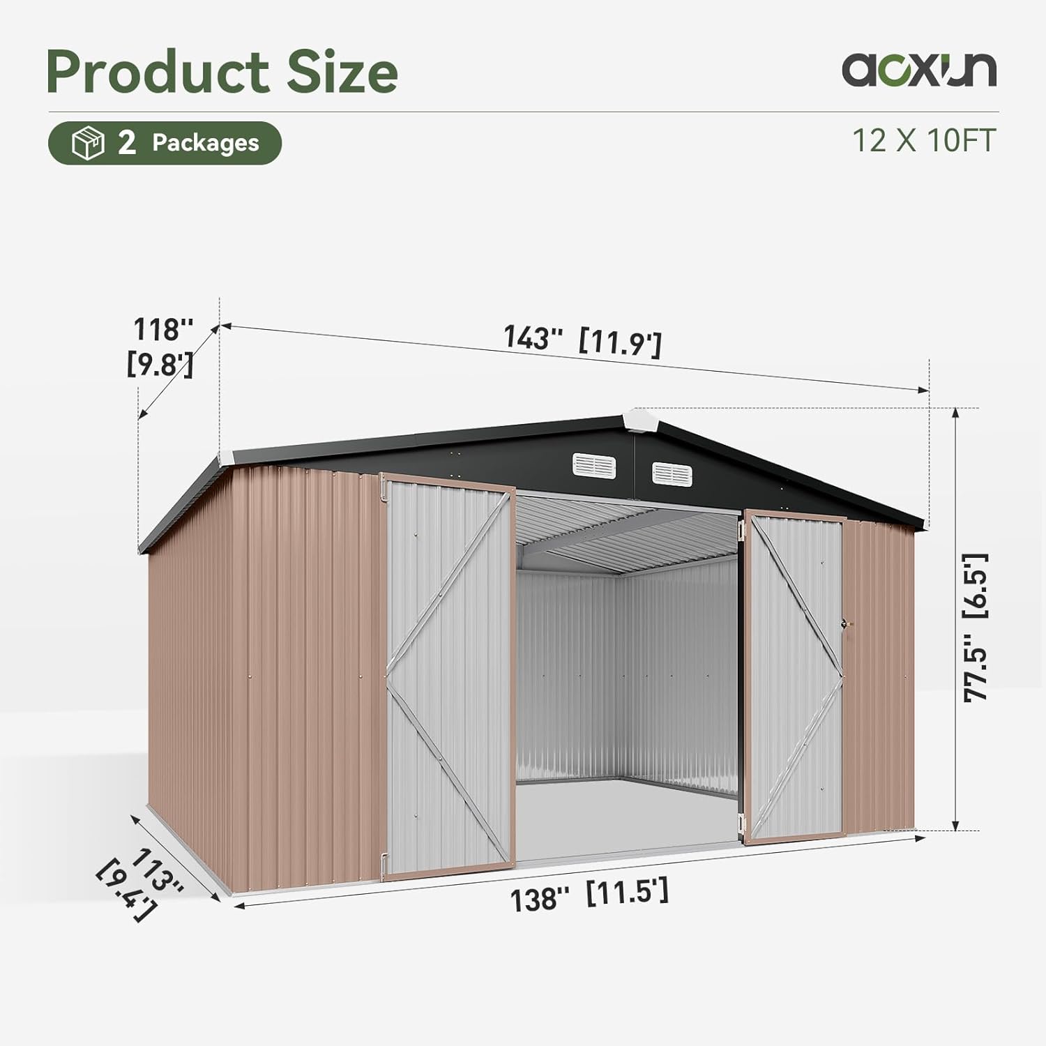 Aoxun 12x10 FT Shed Metal Outdoor Waterproof Storage Shed Steel Utility Garden Tool Shed with Door & Lock Outdoor Storage for Garden Patio Lawn Poolside, Brown wourant
