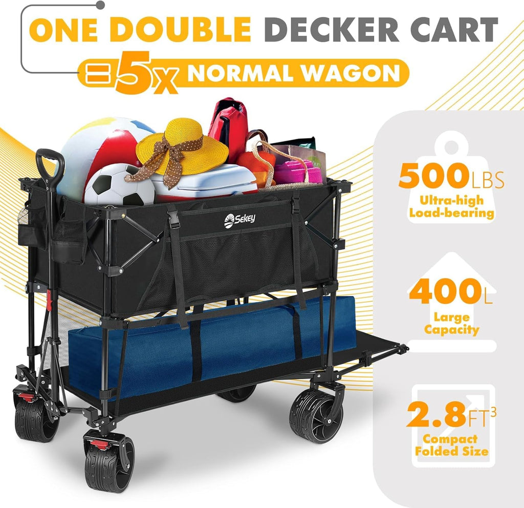 400L Large Capacity Folding Double Decker Wagon with Brakes, 50" Extra Long Extender Cart, 500lbs Heavy Duty Collapsible Wagons wourant