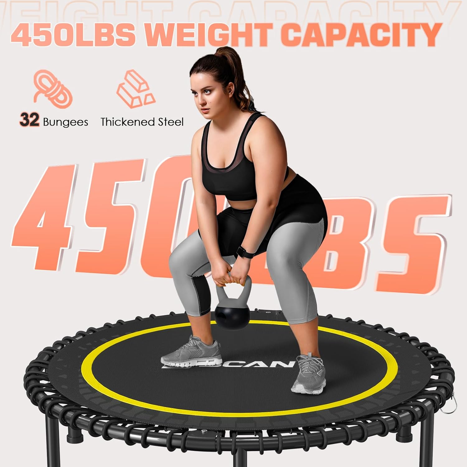 BCAN 450/550 LBS Foldable Mini Trampoline, 40"/48" Fitness Trampoline with Bungees, U Shape Adjustable Foam Handle, Stable & Quiet Exercise Rebounder for Adults Indoor/Outdoor Workout wourant