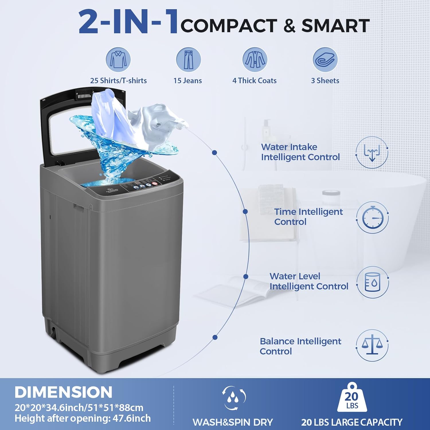 Nictemaw Portable Washing Machine, 20Lbs Capacity Full-Automatic Portable Washer Machine, 2.8Cu.ft Washer and Dryer Combo with Drain Pump, 10 Programs & 8 Water Levels for Apartment, Dorms, RV wourant