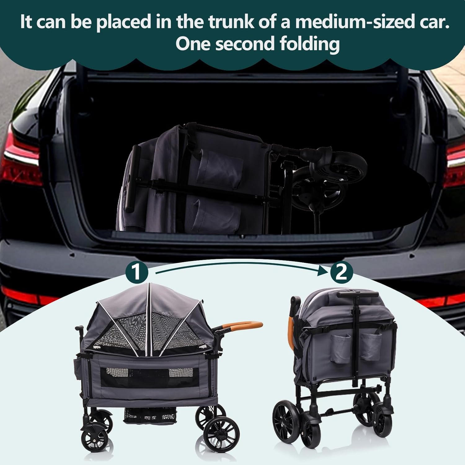 Wagon Stroller for 2 Kids & Cargo-Travel Stroller Push-Pull Double Wagon Lightweight Folding Stroller for Newborn&Toddler with 5-Point Harness,Adjustable Handle Bar and Canopy,Tray Table,Cup Holder wourant