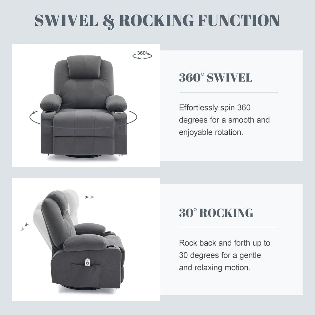 Large Swivel Rocking Recliner with Heating and Massage Function, 360 Degree Swivel Rocking Single Sofa wourant