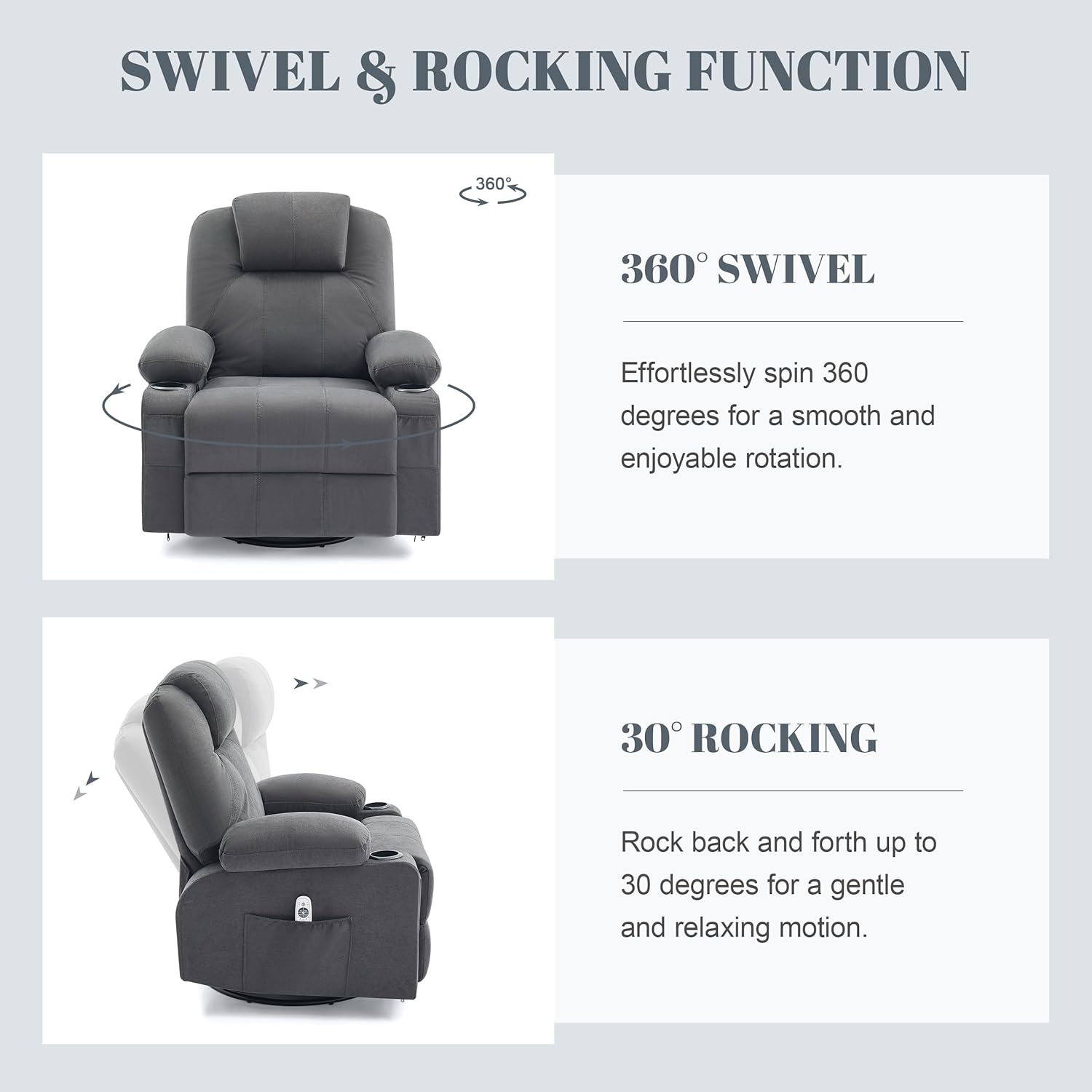 Large Swivel Rocking Recliner with Heating and Massage Function, 360 Degree Swivel Rocking Single Sofa wourant