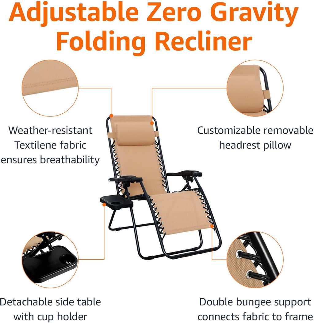 Amazon Basics Outdoor Patio Mesh Adjustable Zero Gravity Lounge Chair Recliners set of 2 with Side Table, 35 x 26 x 43 inches, Beige wourant