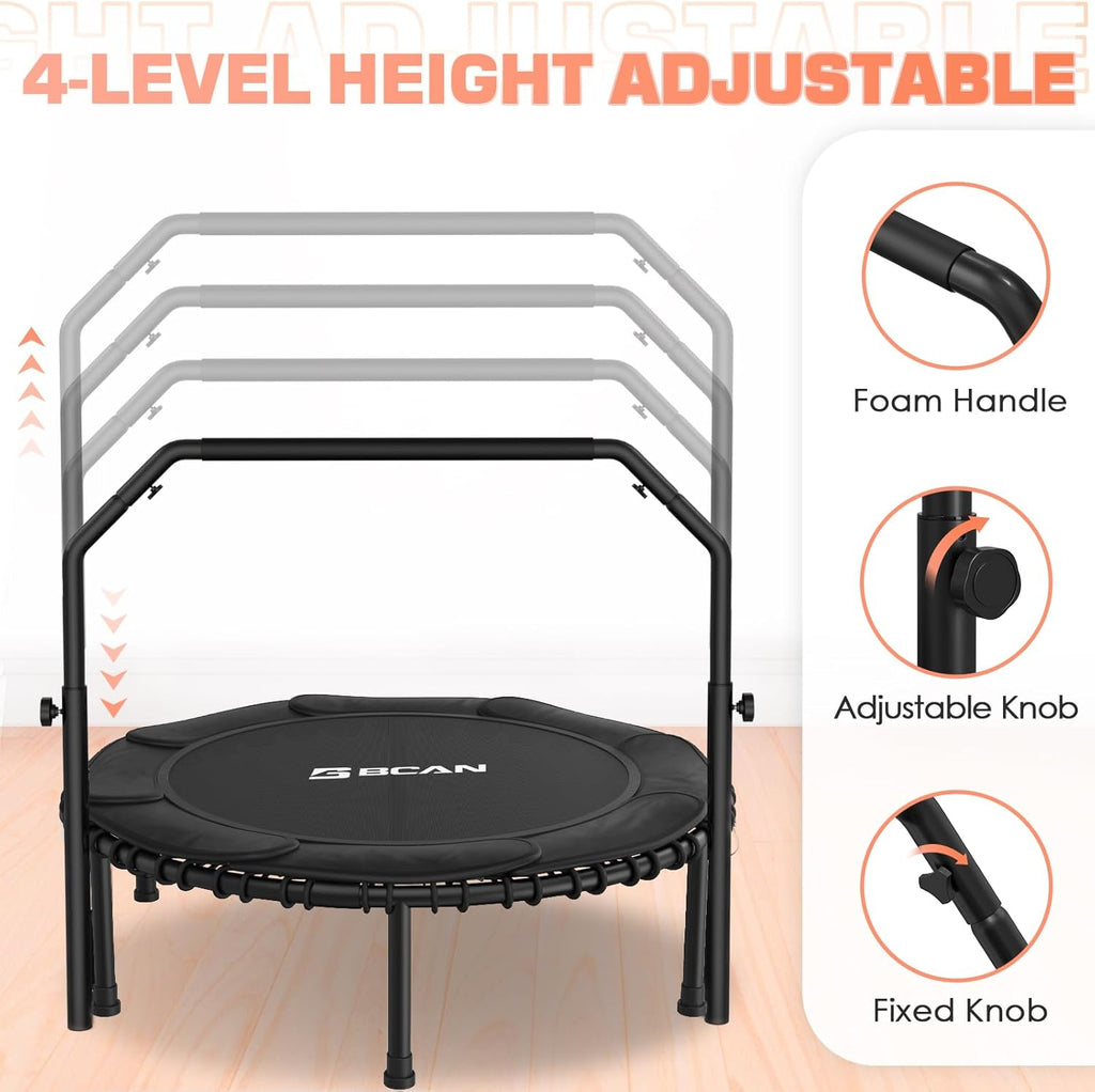 BCAN 450/550 LBS Foldable Mini Trampoline, 40"/48" Fitness Trampoline with Bungees, U Shape Adjustable Foam Handle, Stable & Quiet Exercise Rebounder for Adults Indoor/Outdoor Workout wourant