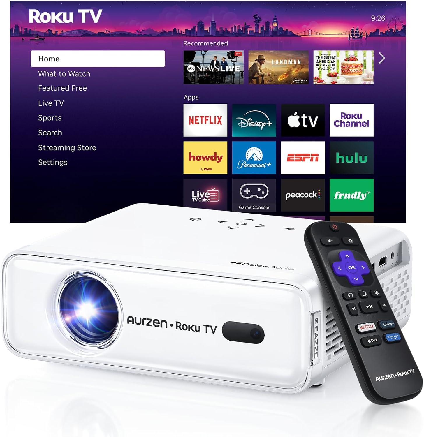 Aurzen Roku TV Smart Projector with Wifi and Bluetooth, Roku Streaming Experience Built-in wourant