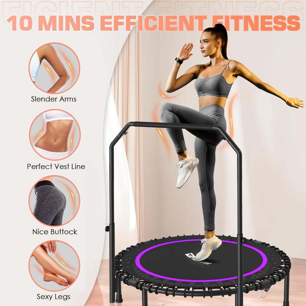 BCAN 450/550 LBS Foldable Mini Trampoline, 40"/48" Fitness Trampoline with Bungees, U Shape Adjustable Foam Handle, Stable & Quiet Exercise Rebounder for Adults Indoor/Outdoor Workout wourant