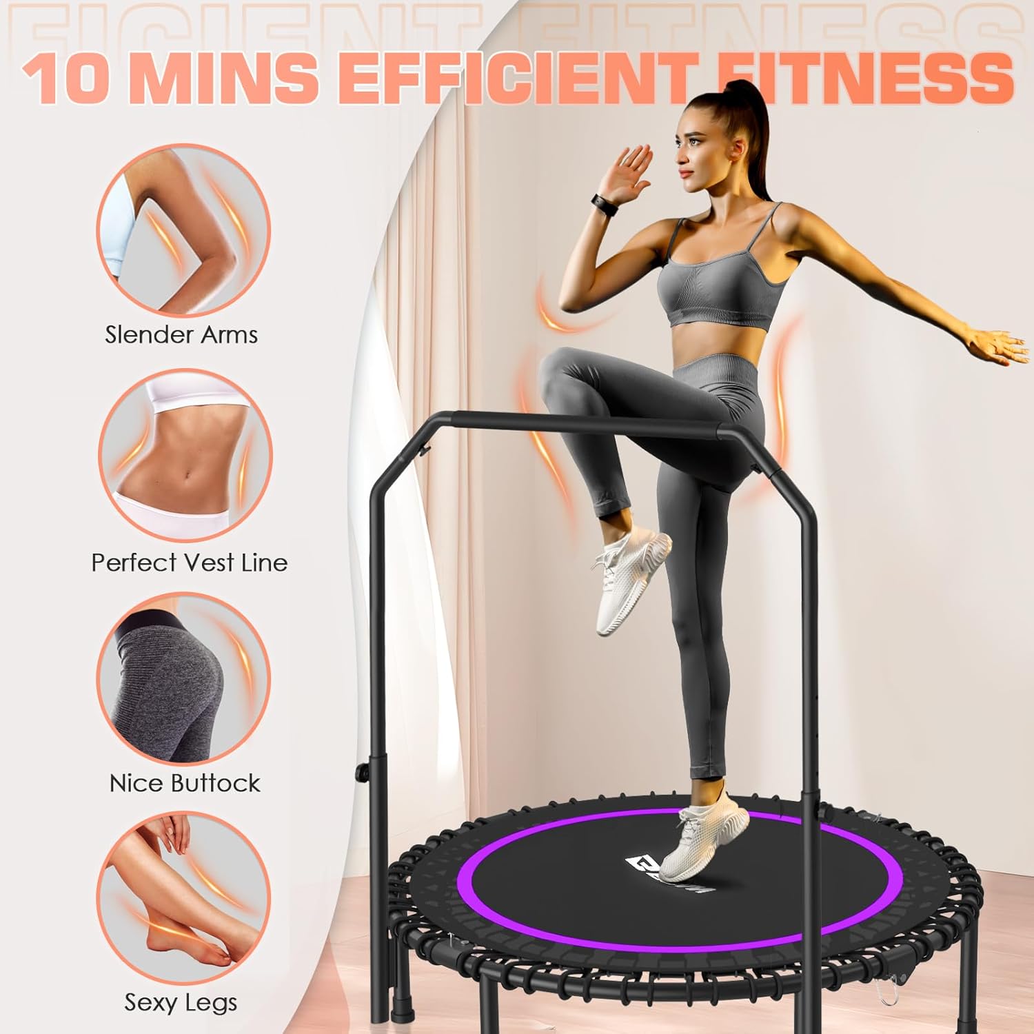 BCAN 450/550 LBS Foldable Mini Trampoline, 40"/48" Fitness Trampoline with Bungees, U Shape Adjustable Foam Handle, Stable & Quiet Exercise Rebounder for Adults Indoor/Outdoor Workout wourant