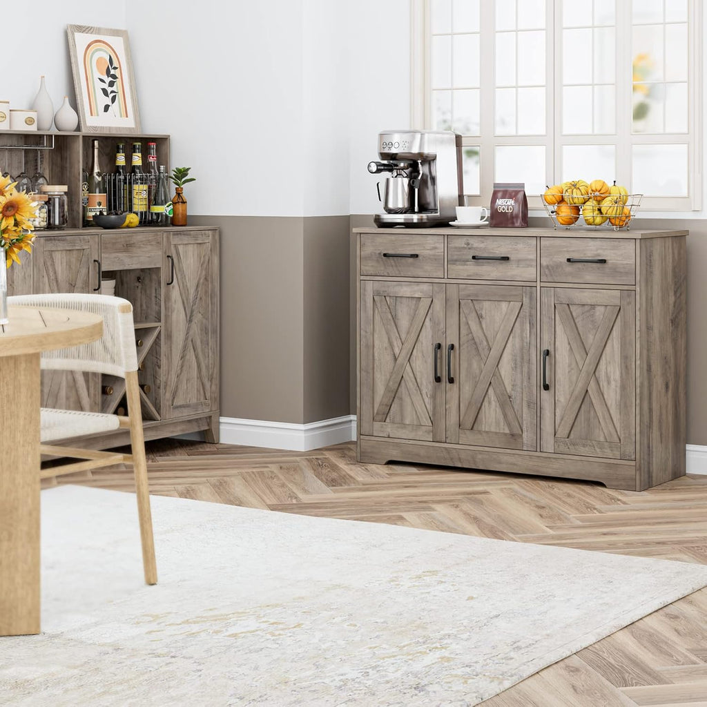 Modern farmhouse sideboard, barn door buffet storage cabinet with drawers and shelves, wooden coffee bar with storage wourant