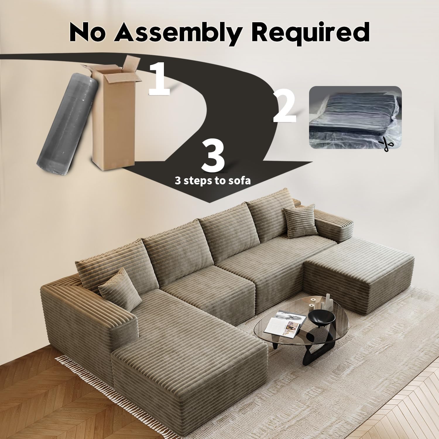 107.5 inch Cloud Modular Sectional Sofa with L-Shaped Chaise Lounge, Modern Minimalist Upholstered Sofa Deep Seating Corner Sofa wourant