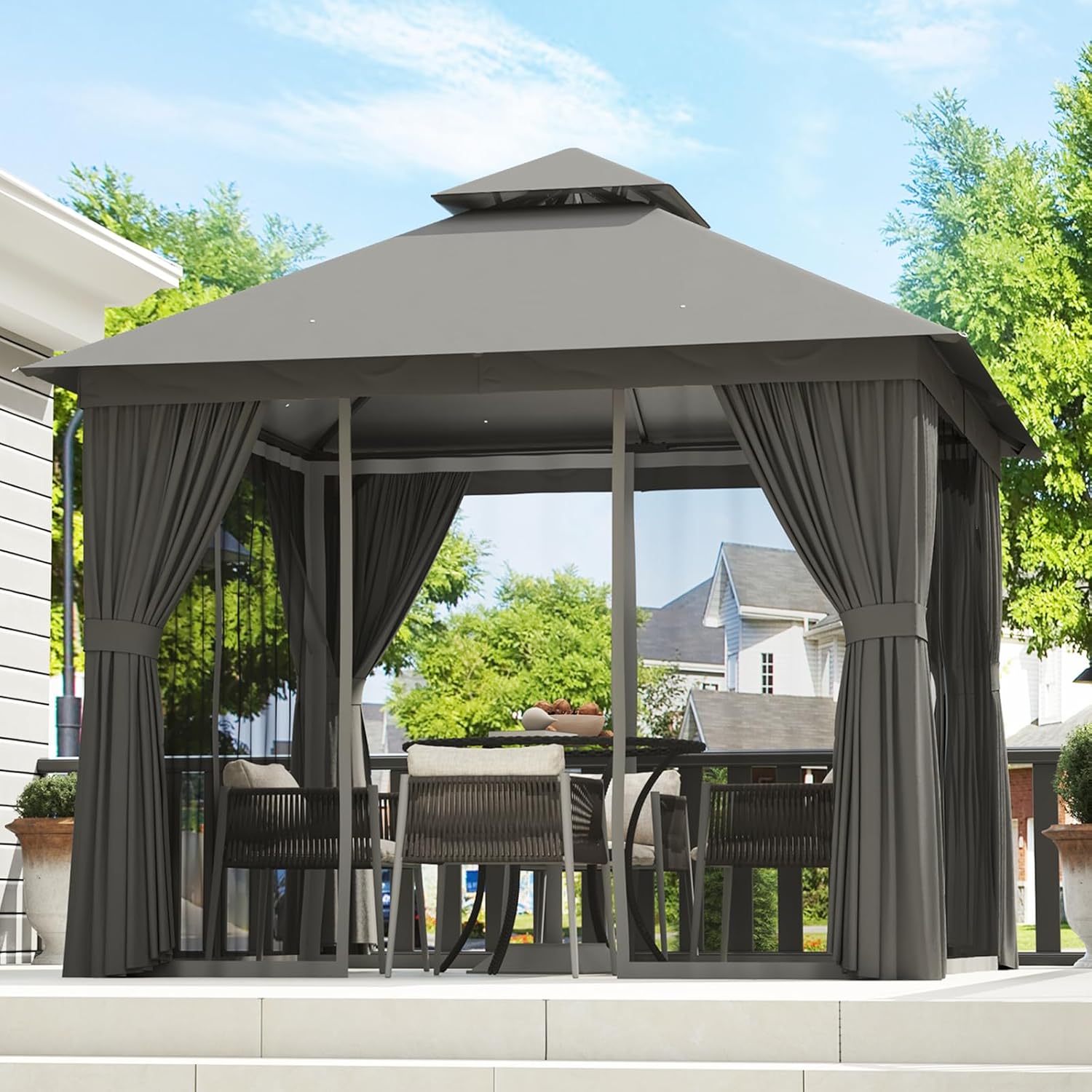 Aoxun Outdoor Gazebo for Patio 10x12, Metal Frame Canopy with Double Roofs wourant
