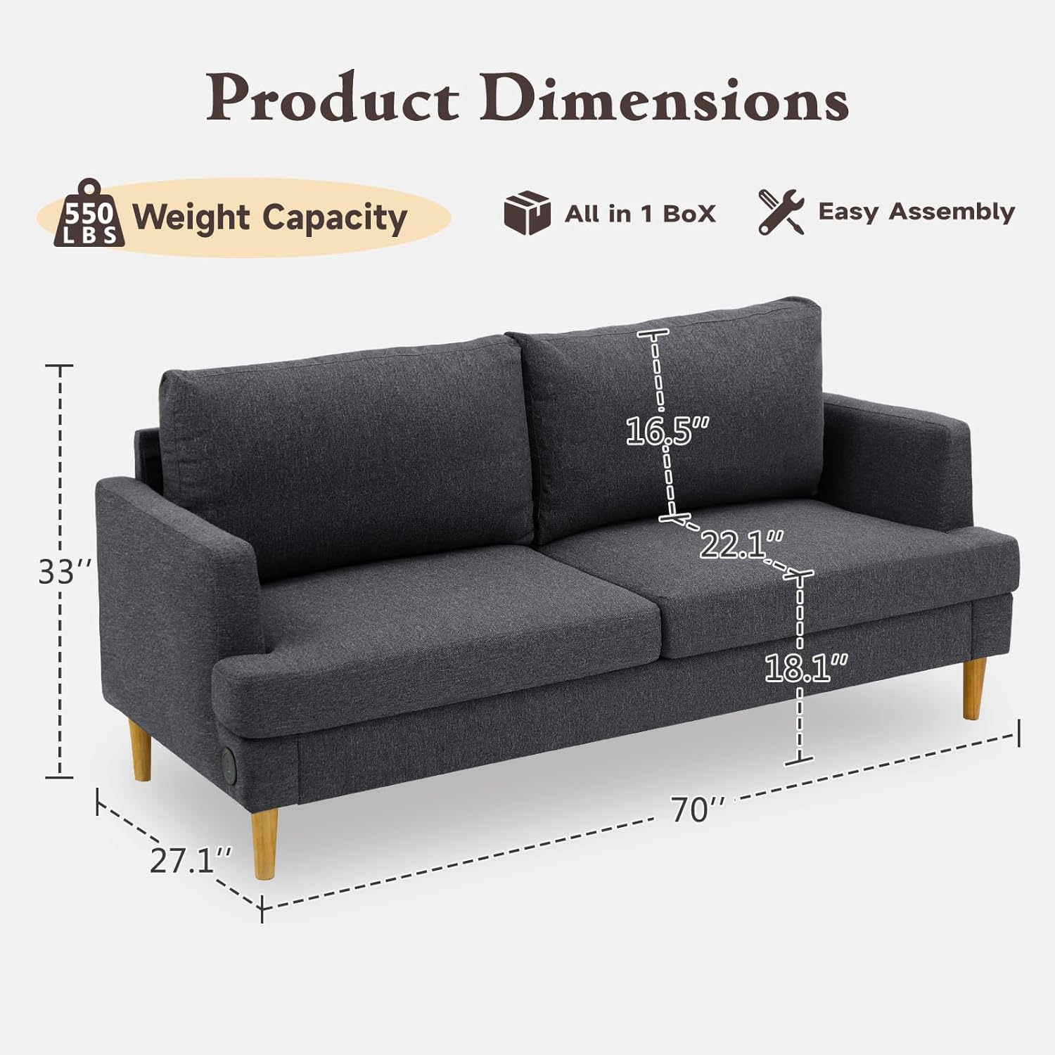 Loveseat Sofa Couch for Living Room USB Type C Ports Dark Gray Upholstered Small Couches wourant