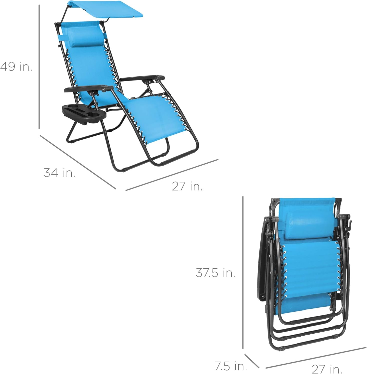 Best Choice Products Folding Zero Gravity Outdoor Recliner Patio Lounge Chair w/Adjustable Canopy Shade, Headrest, Side Accessory Tray, Textilene Mesh - Peacock Blue wourant
