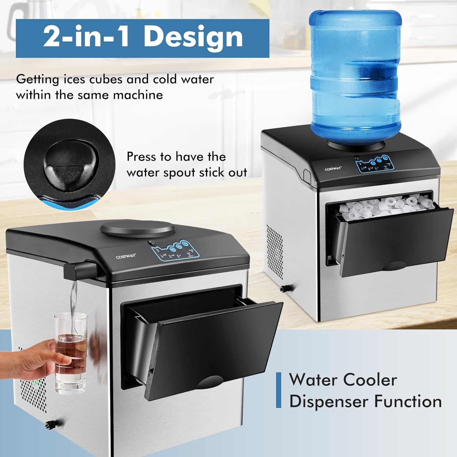 COSTWAY Countertop Ice Maker with Water Dispenser, 3 Sizes Bullet Shaped Ice, 48lbs/Day, Fast Ready in 6 Minutes, Ice Machine with Cold Water for Home Bar Kitchen Office wourant