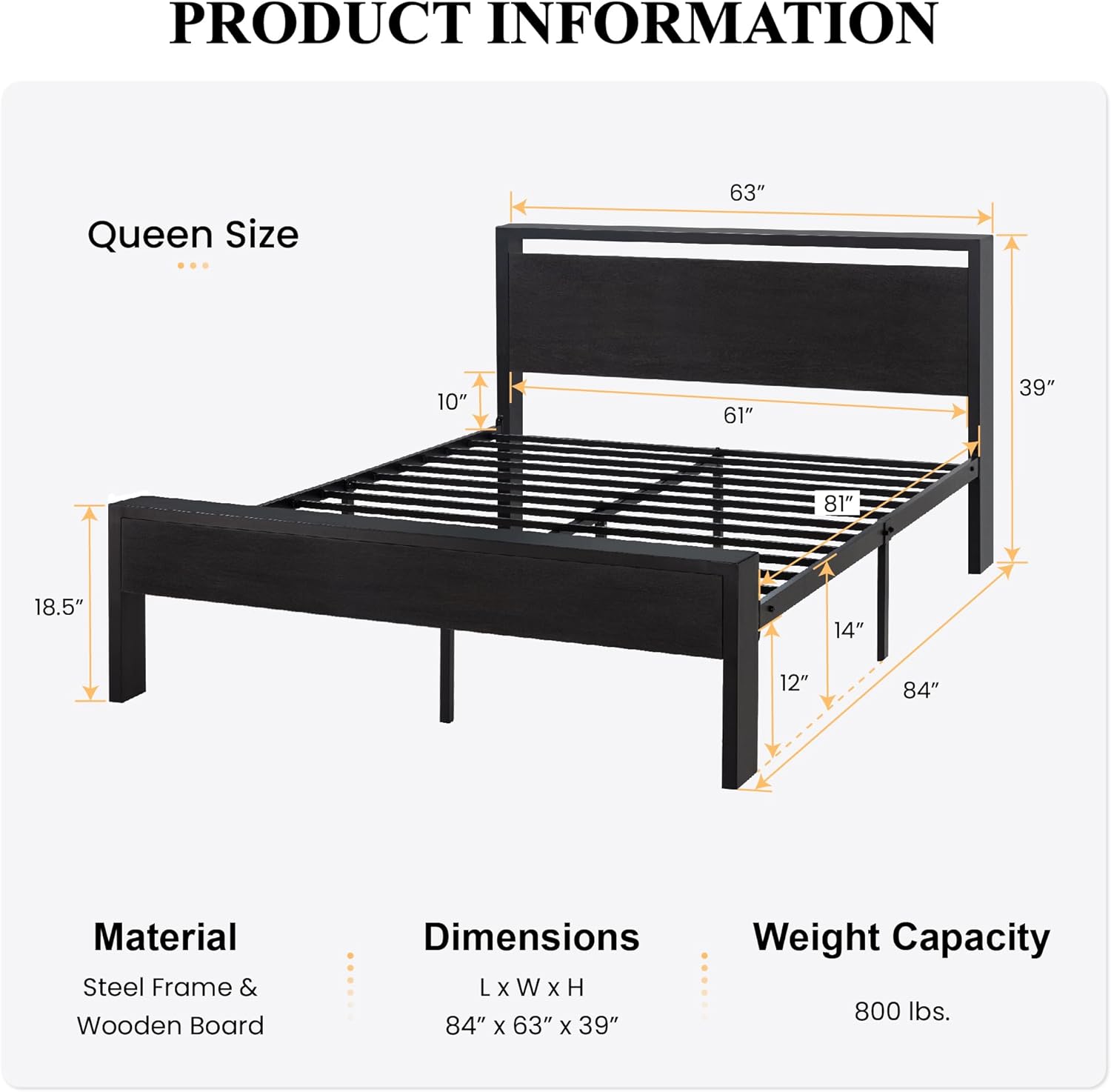 SHA CERLIN 14 Inch Queen Size Metal Platform Bed Frame with Wooden Headboard and Footboard wourant