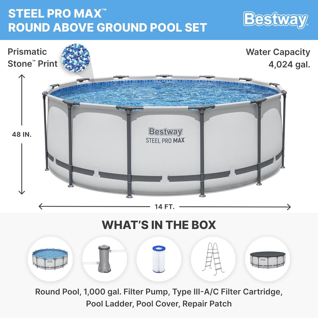Steel Pro MAX 14 Foot x 48 Inch Round Metal Frame Above Ground Outdoor Swimming Pool Set with 1,000 Filter Pump, Ladder, and Cover, Gray wourant