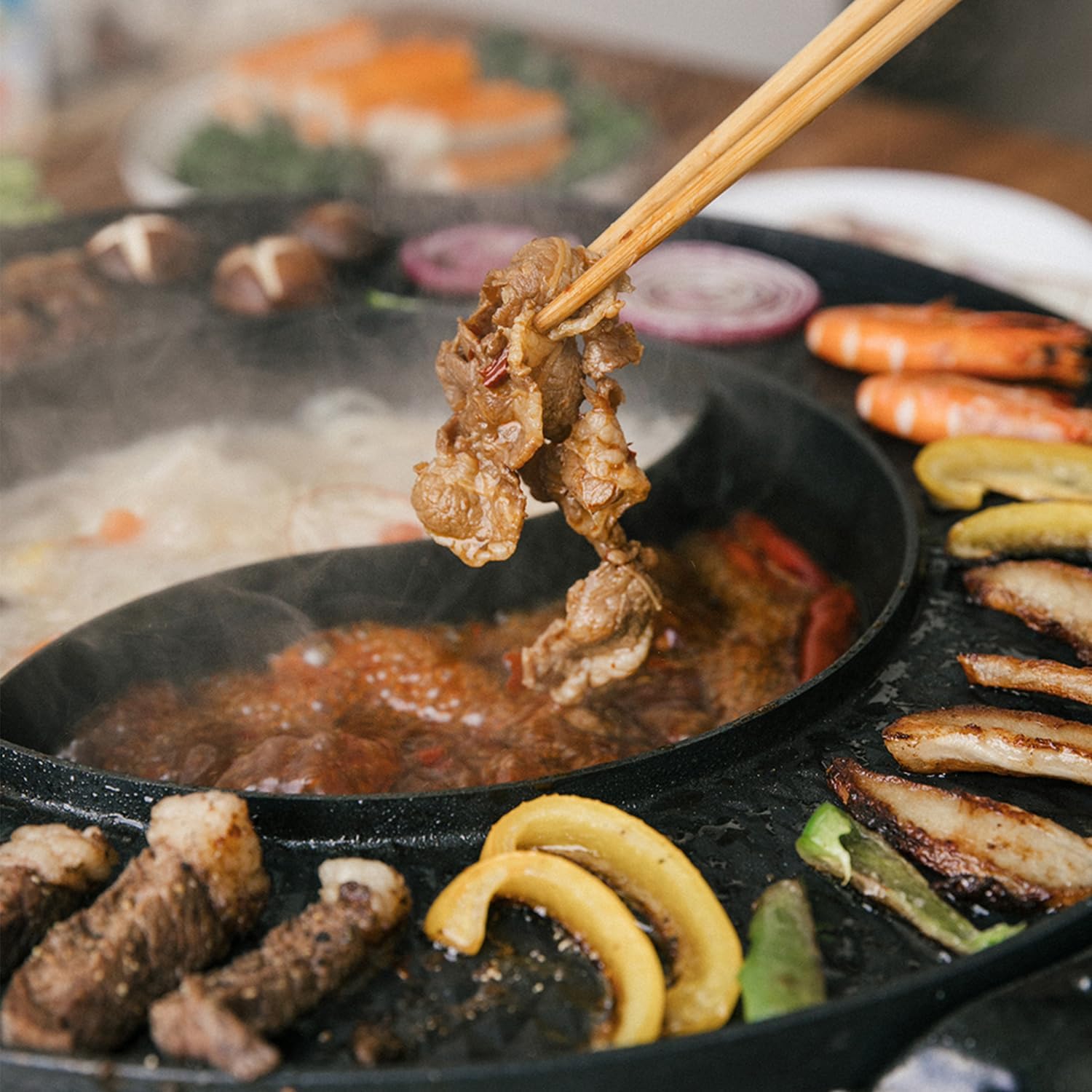 Food Party Hot Pot with Grill 2 in 1 Electric Smokeless Grill and Hotpot Pot Combo Korean BBQ Grill 110V 1700W woonhhop