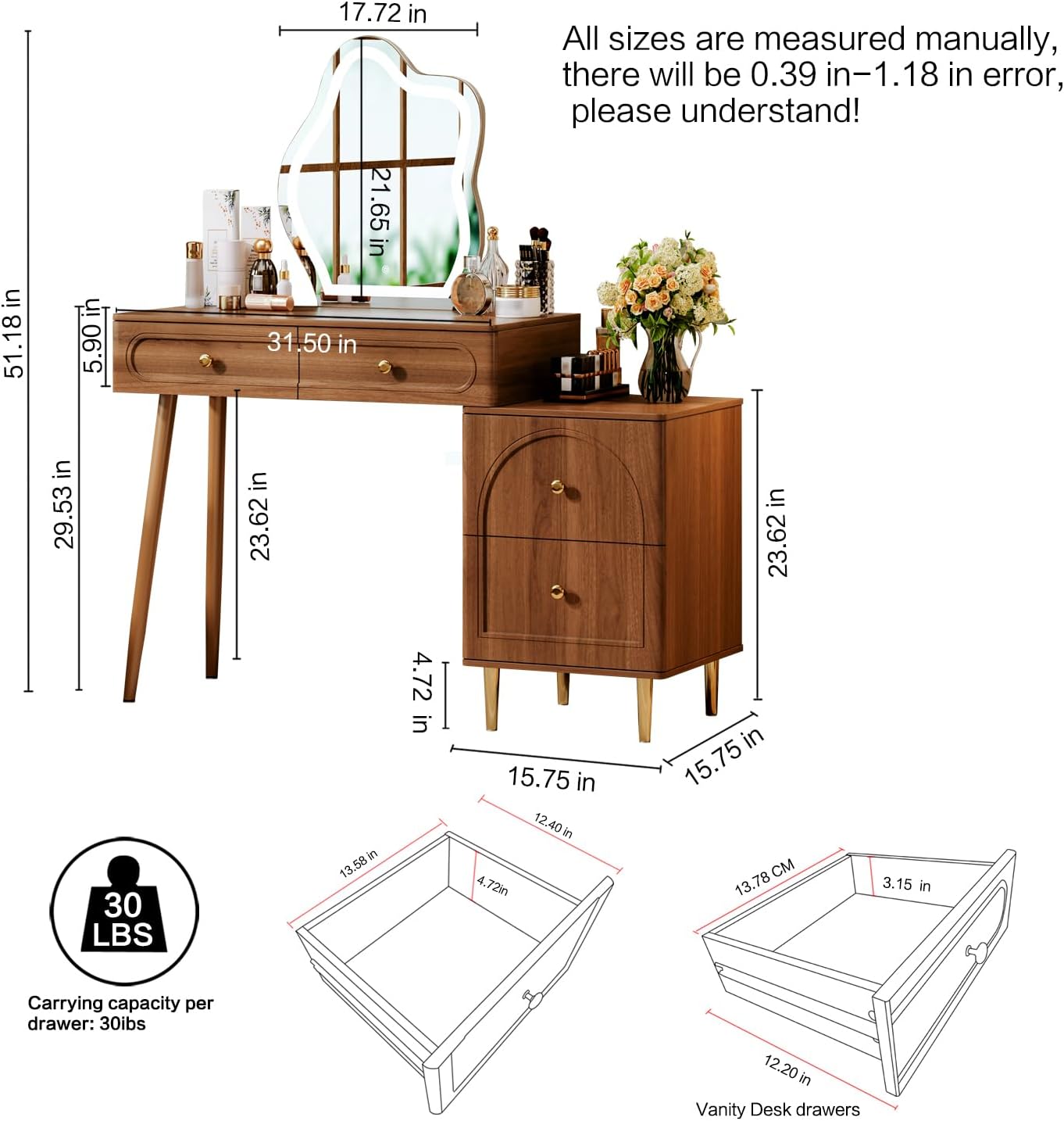 Walnut Stylish Corner Makeup Vanity Table，Vanity Desk with Lighted Mirror wourant