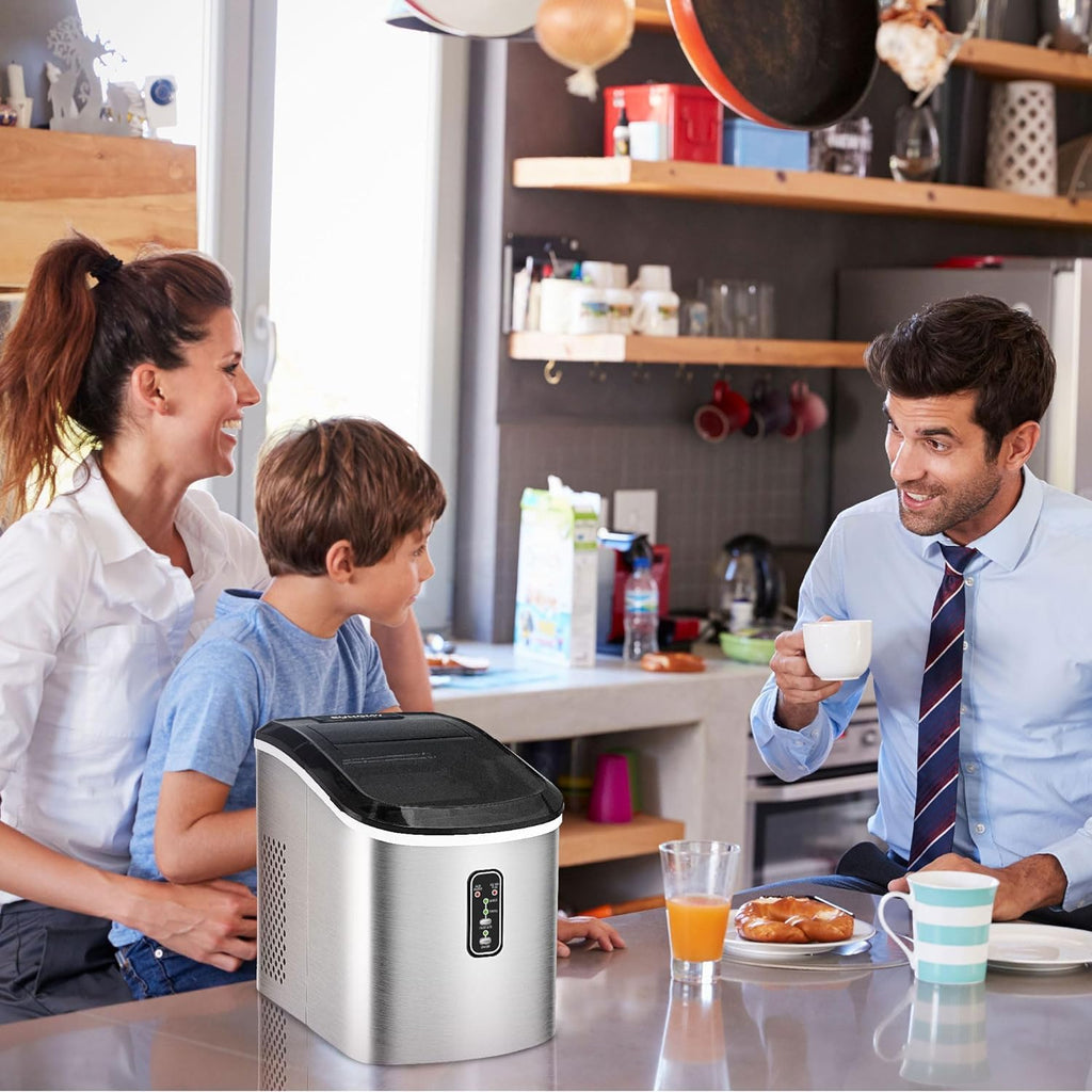 EUHOMY Nugget Ice Maker Countertop with Handle, Ready in 6 Mins, 34lbs Per Day, Removable Top Cover, Auto-Cleaning, Portable Sonic Ice Maker with Basket and Scoop, for Home/Party/RV/Camping (Black) wourant