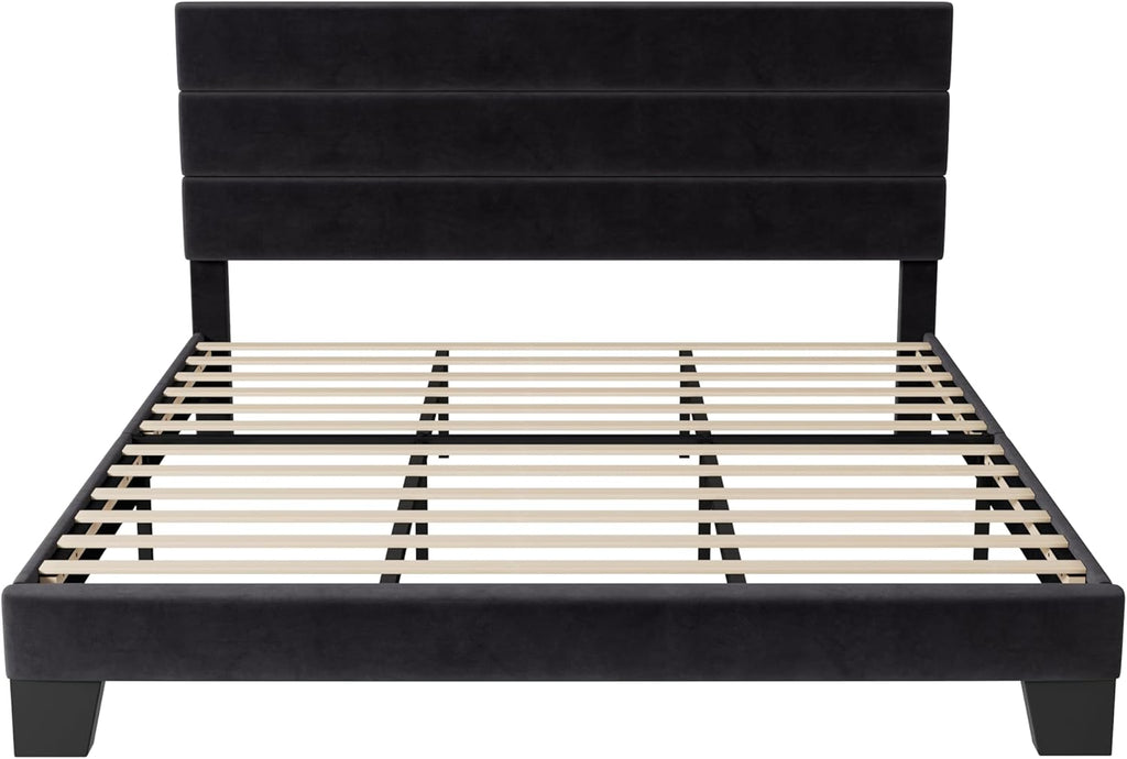 Allewie Queen Size Platform Bed Frame Fabric Upholstered Headboard Wooden Slats Support wourant