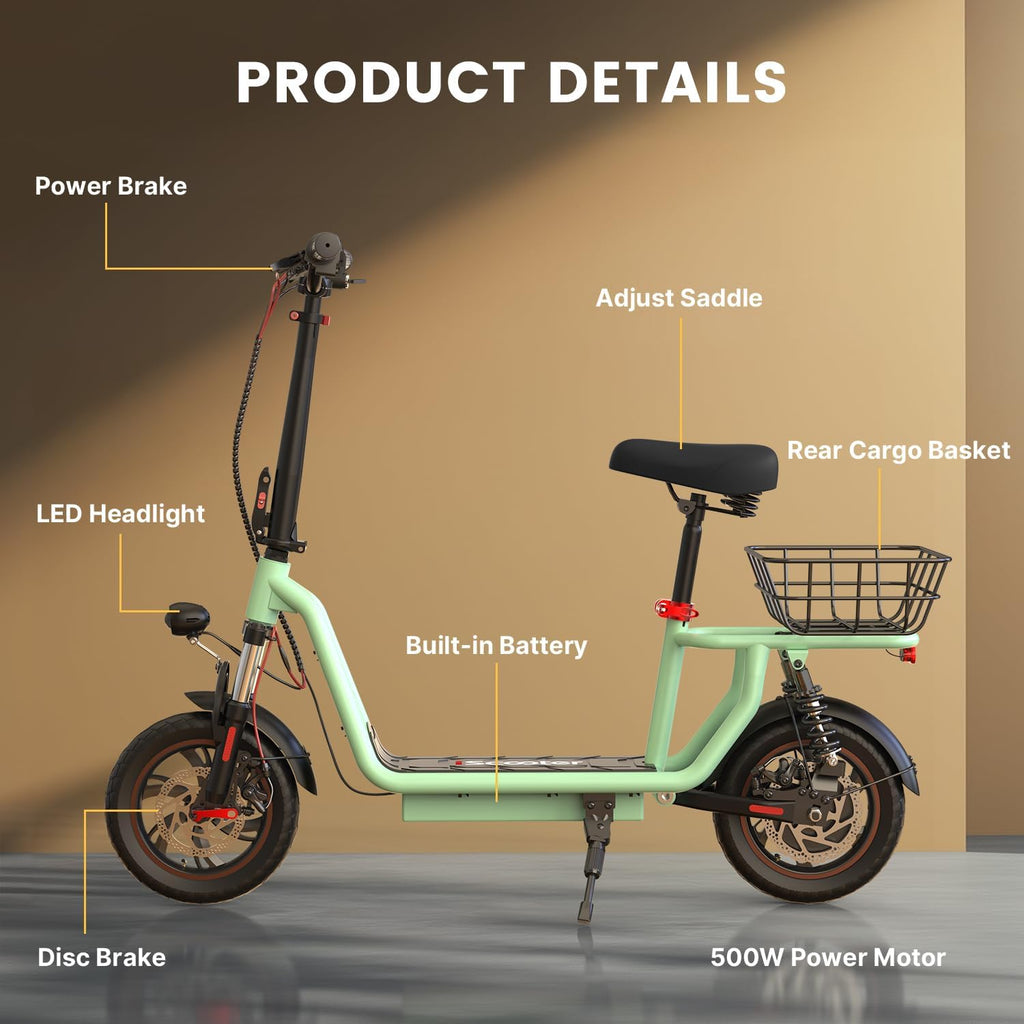 iScooter electric scooter with seat, 37/21 mile range, 28/19/15.6 mph top speed, dual suspension scooter with basket wourant