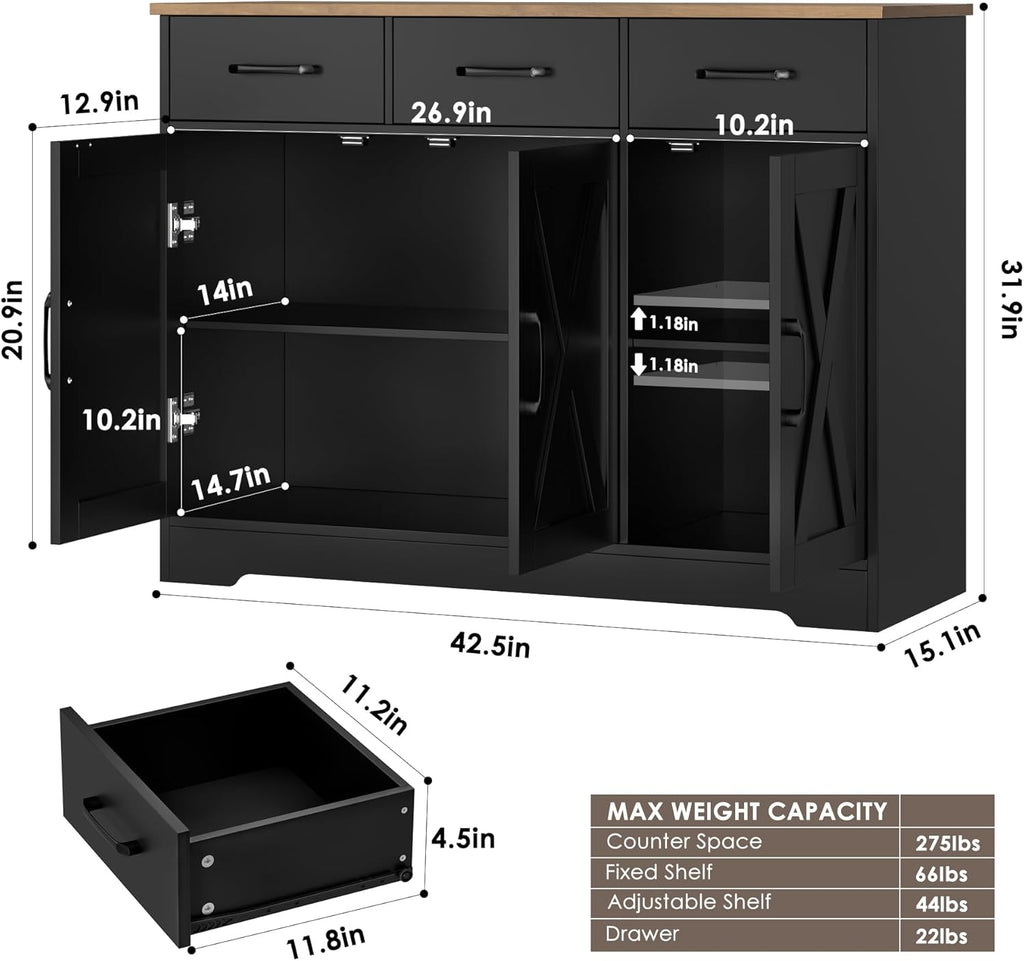 Modern farmhouse sideboard, barn door buffet storage cabinet with drawers and shelves, wooden coffee bar with storage wourant