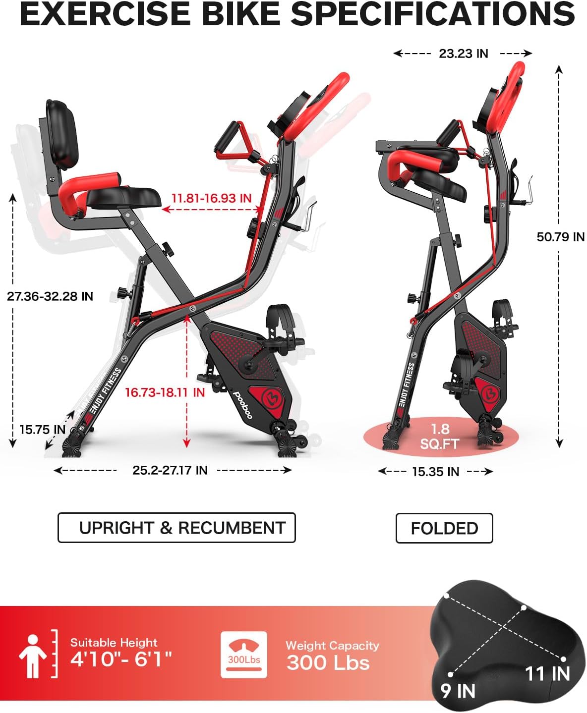 pooboo Folding Exercise Bike, Foldable Fitness Stationary Bike Machine, Upright Indoor Cycling Bike, Magnetic X-Bike with 8-Level Adjustable Resistance, Bottle Holder & Back Support Cushion for Home Gym Workout wourant