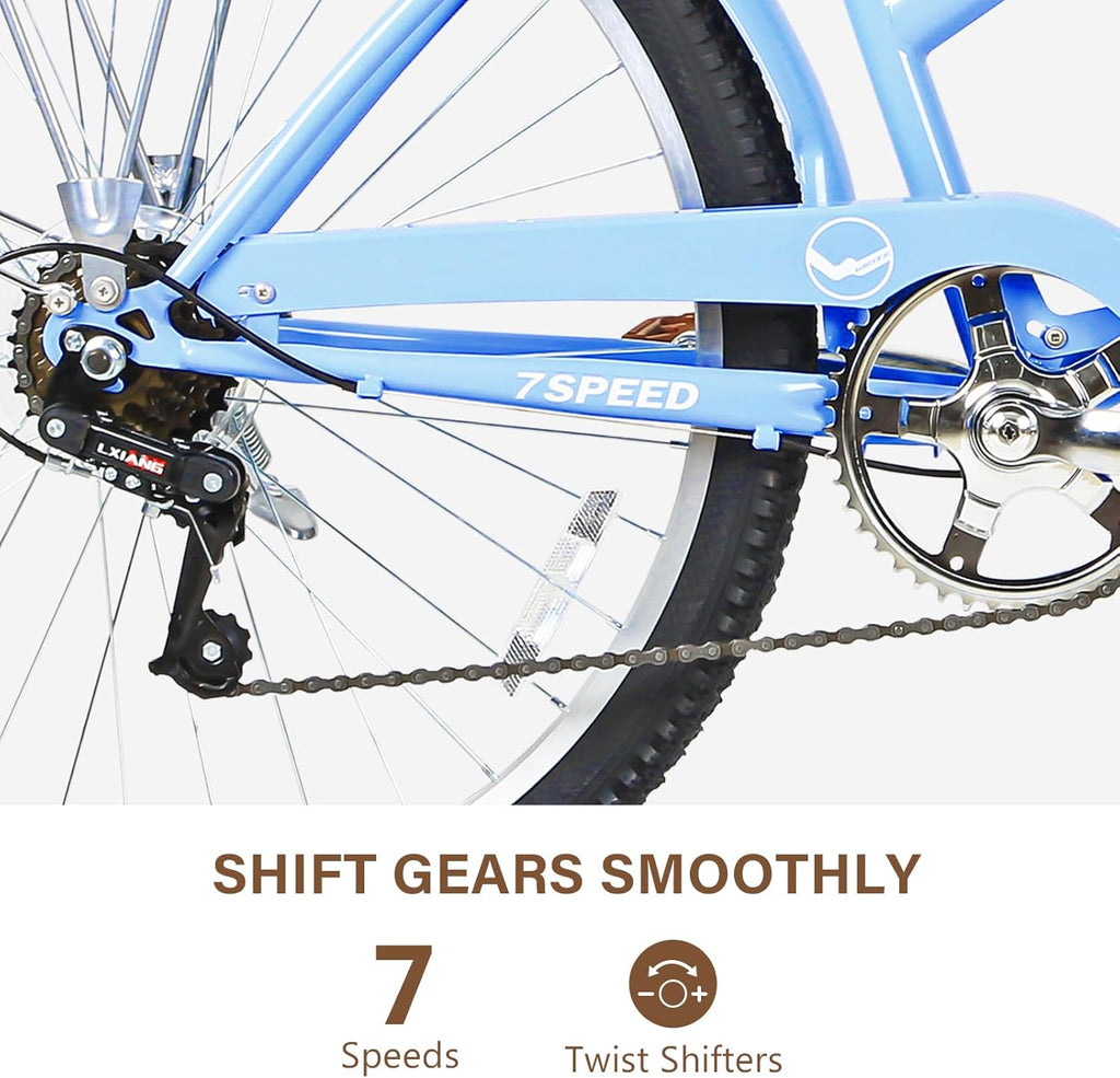 WEIZE Beach Cruiser Bike, 26 inch Commuter Bicycle for Adult Men and Women, 7-Speed/High-Carbon Steel/Front & Rear Fenders, Comfortable City Bikes with Rear Rack or Basket, Ergonomic Upright Design wourant