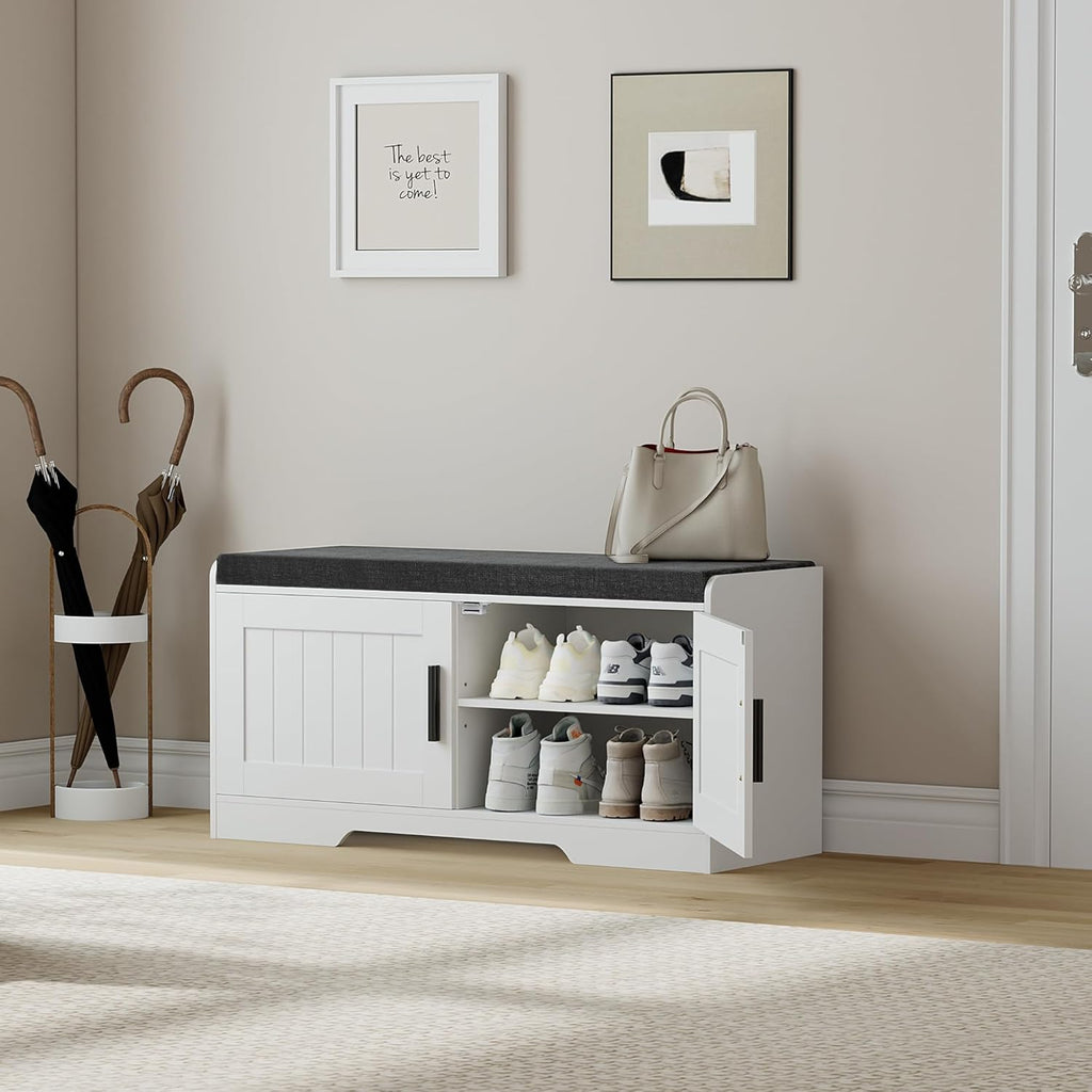 2-Tier Storage Bench, Shoe Bench with Thickened Padded Seat Cushion, Entryway Bench with 4 Doors, Adjustable Shelf, 13.8" D x 45.3" W x 18.5" H, for Entryway, Living Room, Bedroom, White wourant