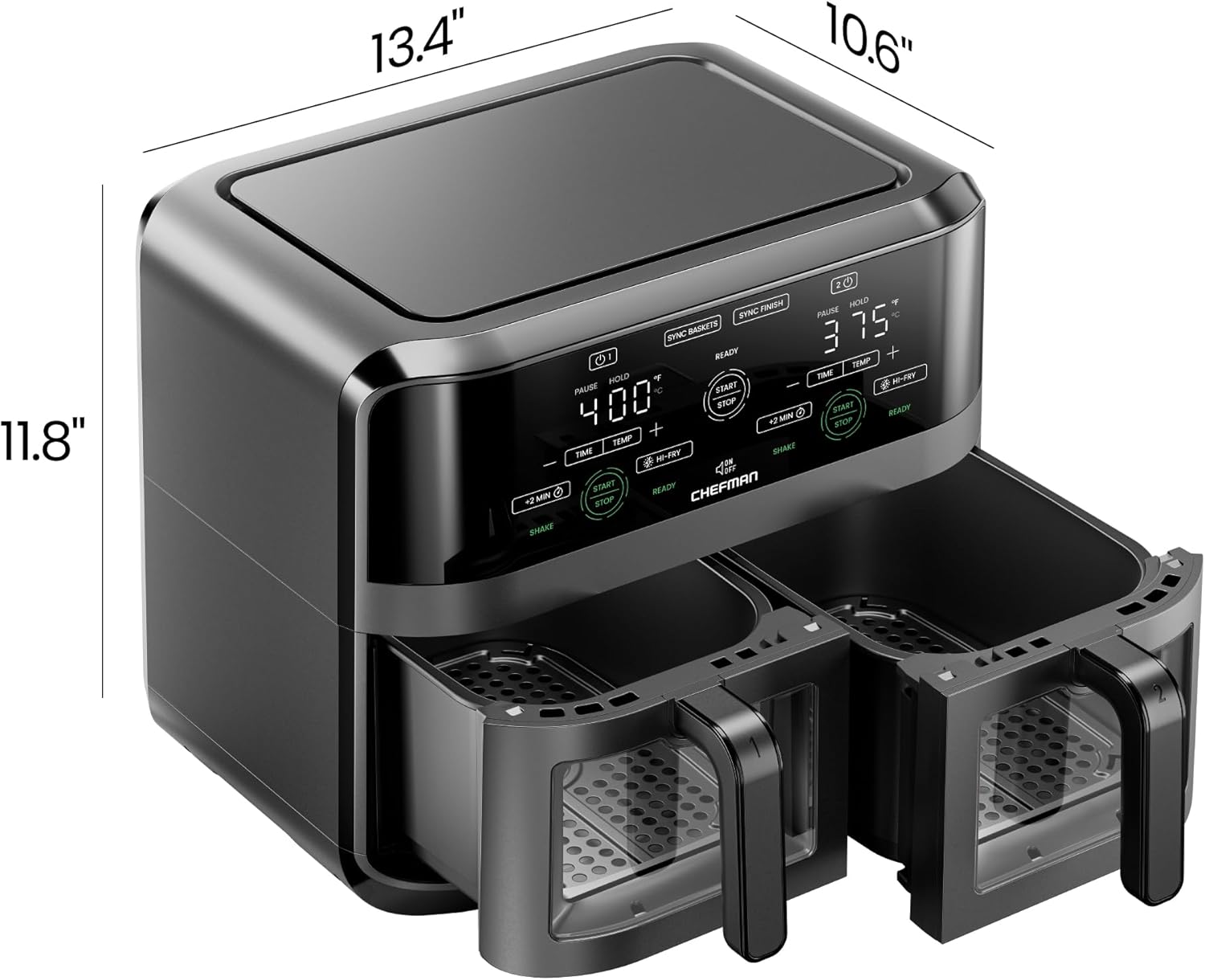 Chefman 6-Quart Double Basket Air Fryer with Easy View Window uses two separate 3-quart nonstick pans. wourant