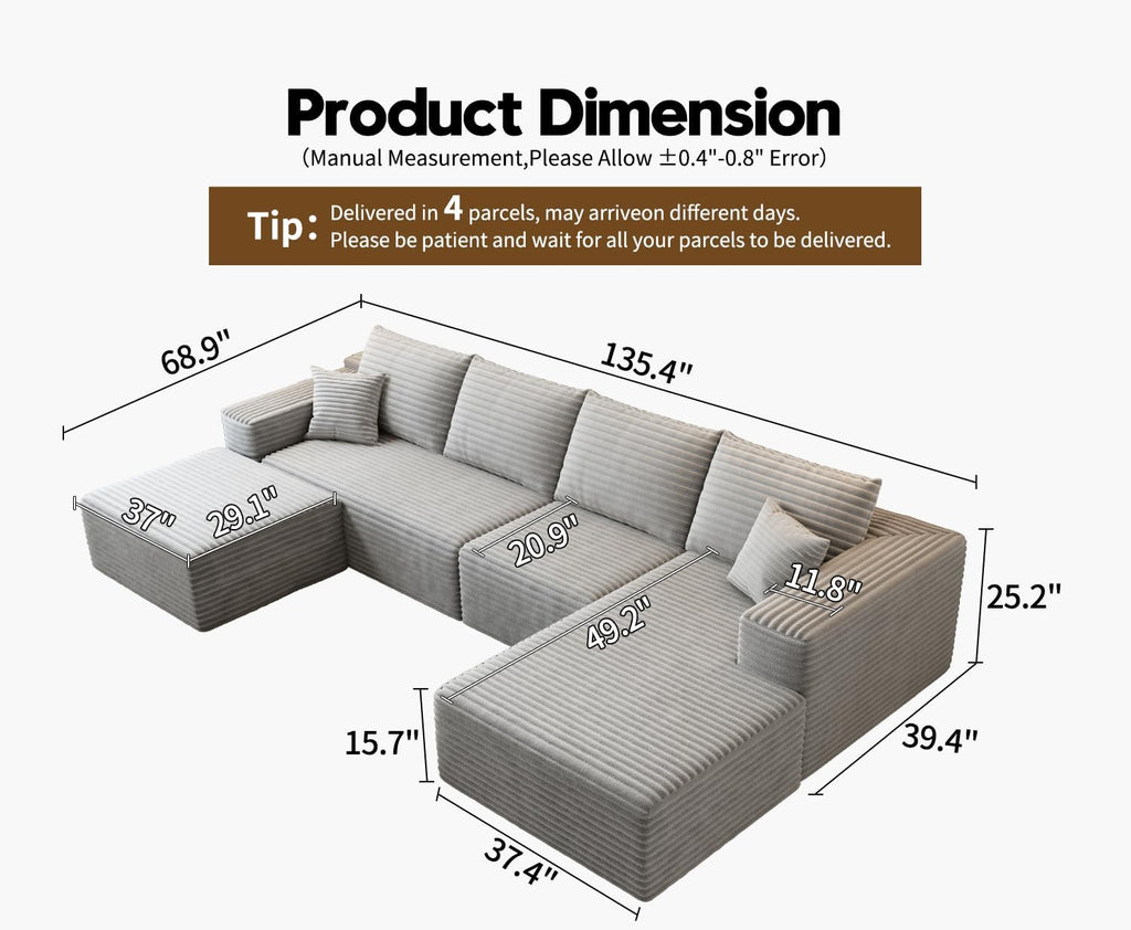 107.5 inch Cloud Modular Sectional Sofa with L-Shaped Chaise Lounge, Modern Minimalist Upholstered Sofa Deep Seating Corner Sofa wourant