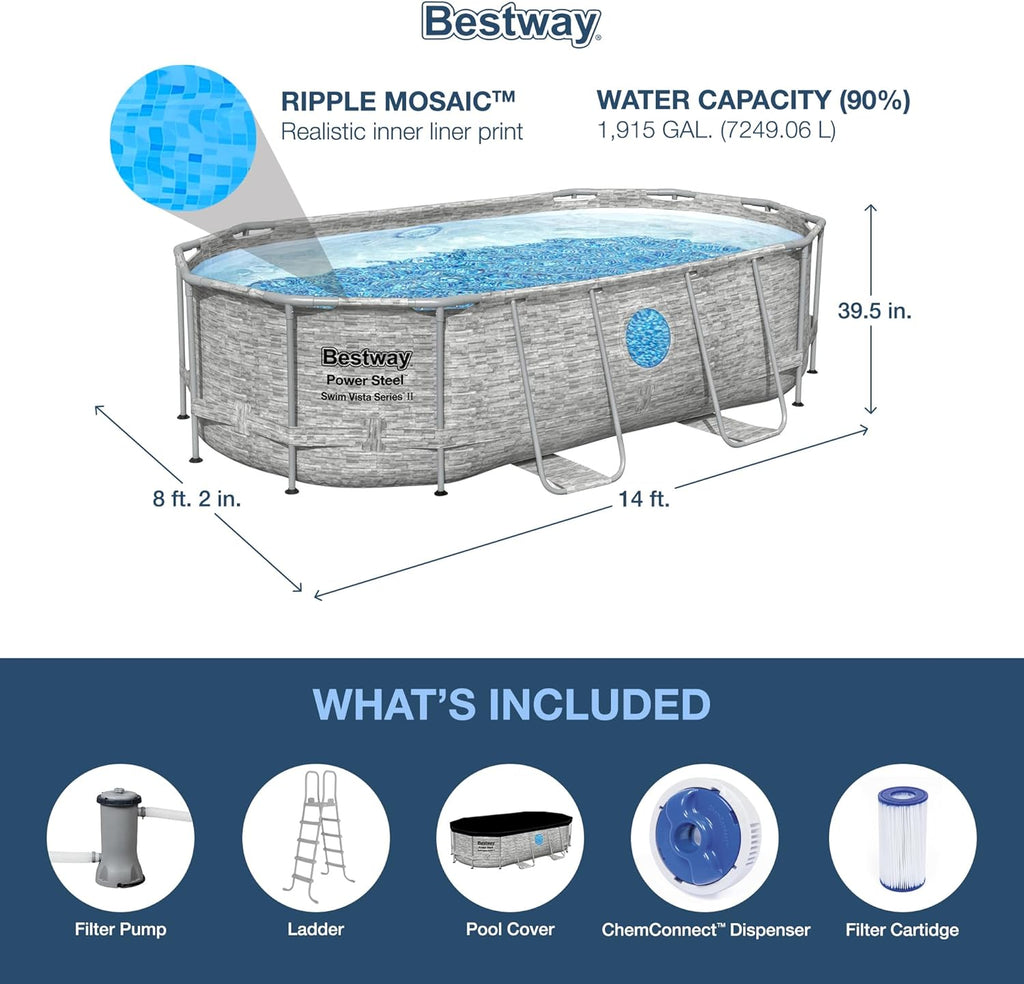 Power Steel 14' x 8'2" x 39.5" Oval Above Ground Pool Set | Includes 530gal Filter Pump, Ladder, ChemConnect Dispener wourant