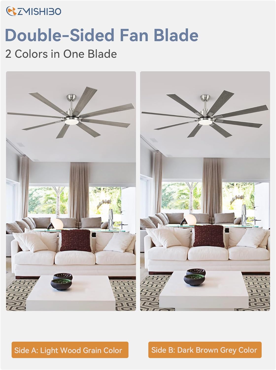 ZMISHIBO 72 inch Large Ceiling Fans with Lights and Remote, Indoor/Outdoor Black Modern Ceiling Fan for Kitchen Living Room Patio, 6 Speed Reversible Quiet DC Motor, 3 CCT, Dual Finish 8 Blades wourant